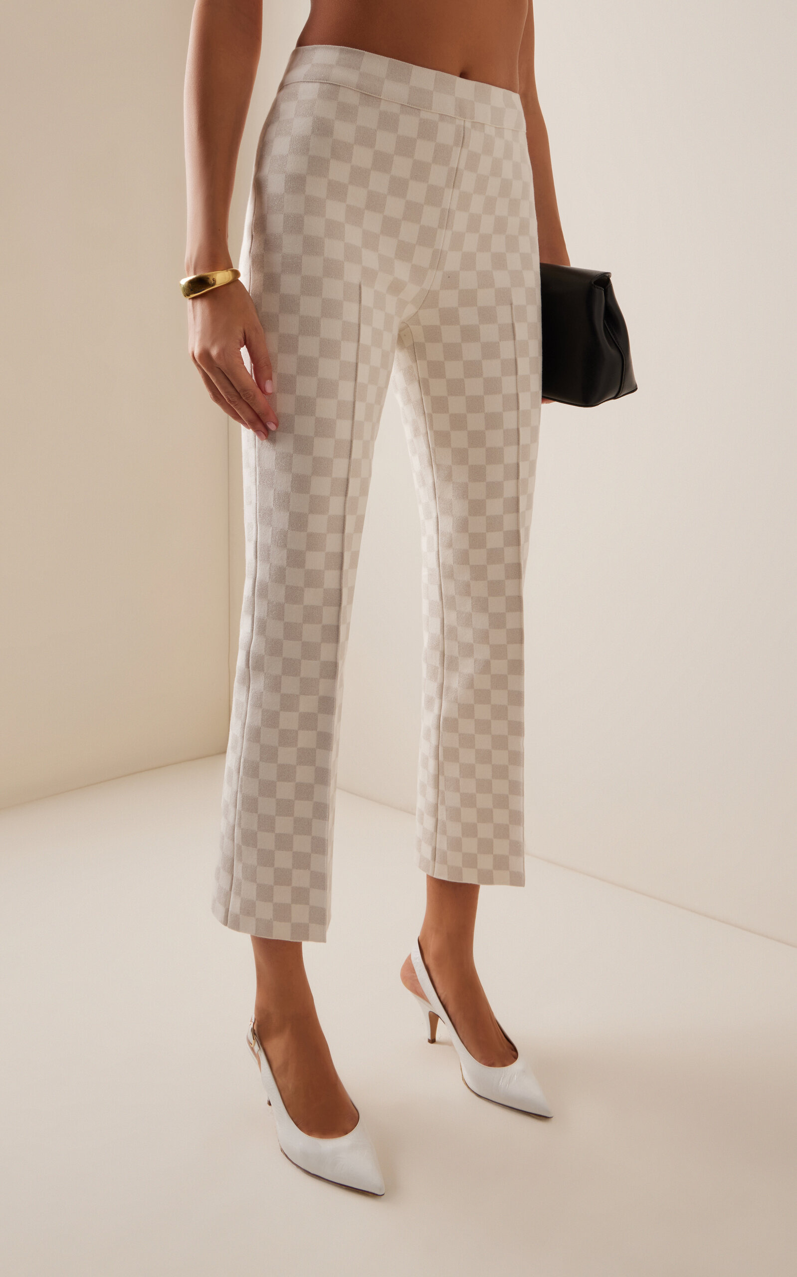 Exclusive Kick Checked Stretch-Cotton Knit Cropped Flared Pants ivory - 3