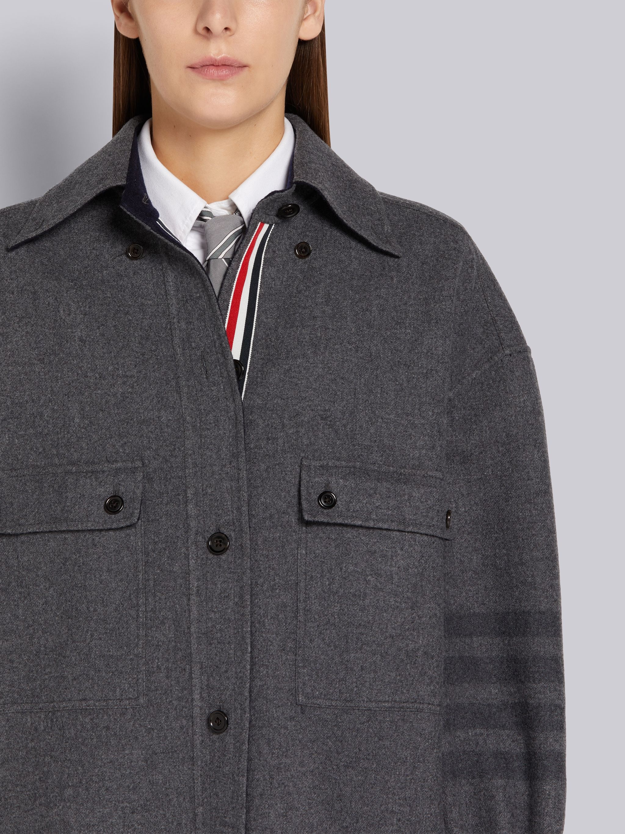 Medium Grey Double Face Melton Wool Engineered 4-Bar Long-sleeved Supersized Shirtdress - 5