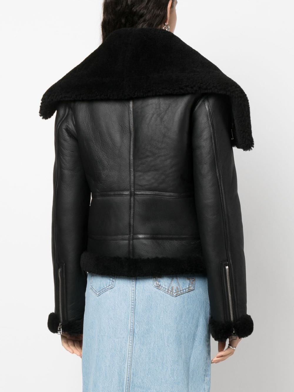 shearling-trim leather biker jacket - 4