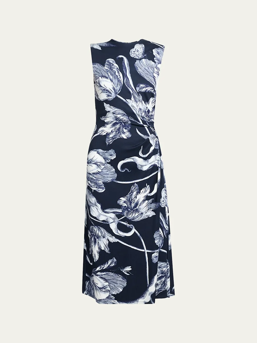 Floral-Print Draped Sleeveless Midi Dress - 1