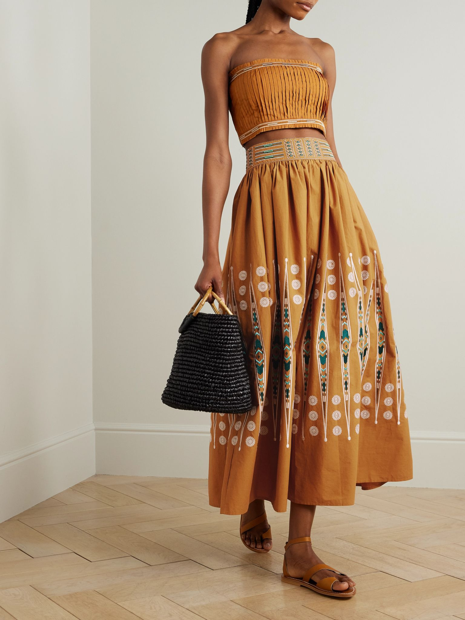 Ombretta embroidered gathered cotton maxi skirt Orange - 2