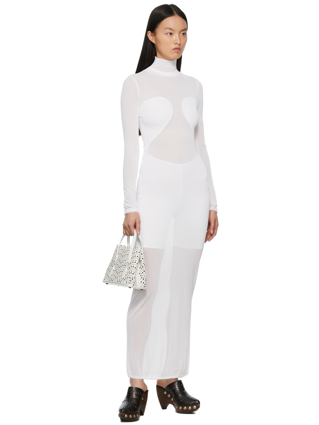 White Voile Turtleneck Long Dress - 4