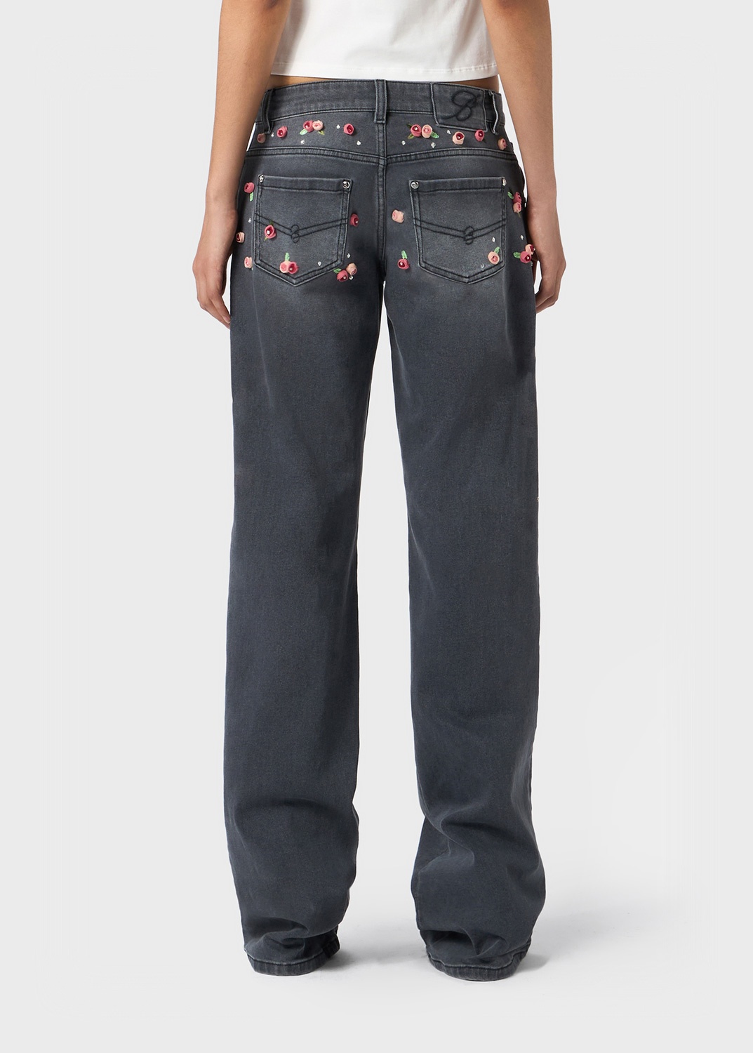 WIDE LEG JEANS WITH EMBROIDERY ROSES - 4