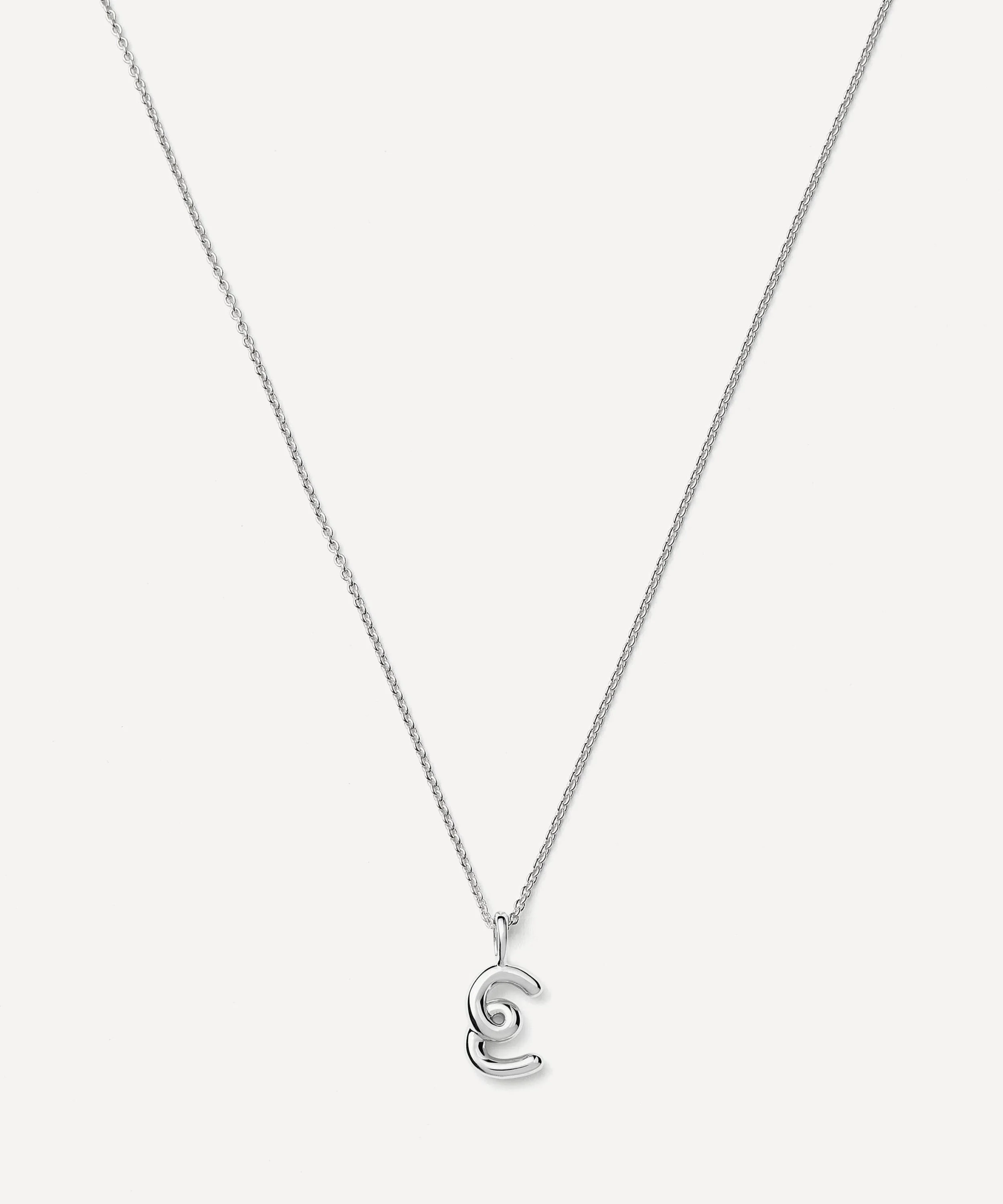 Sterling Silver Curly Molten Mini E Initial Pendant Necklace - 1