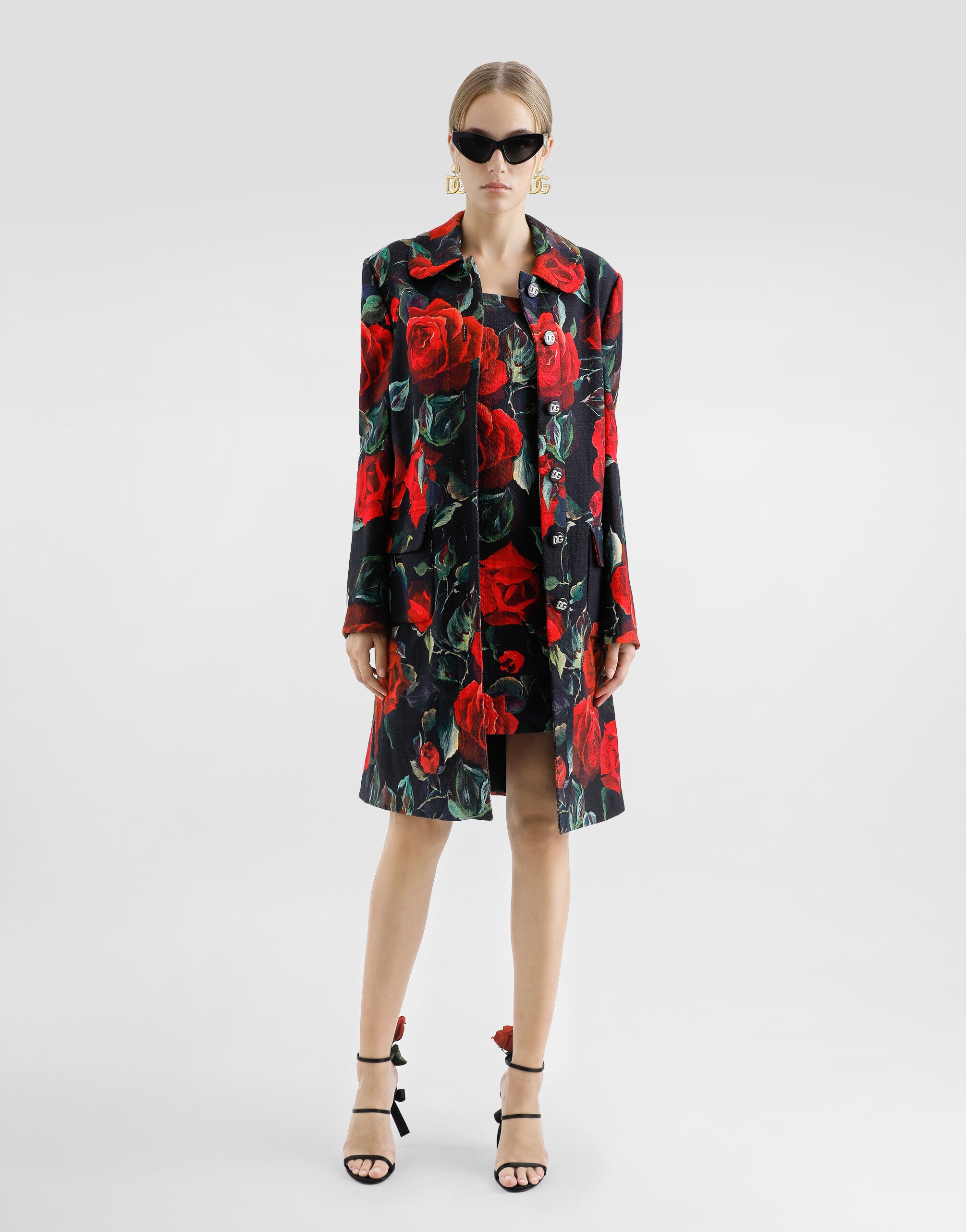 Single-breasted rose-print cotton jacquard coat - 2