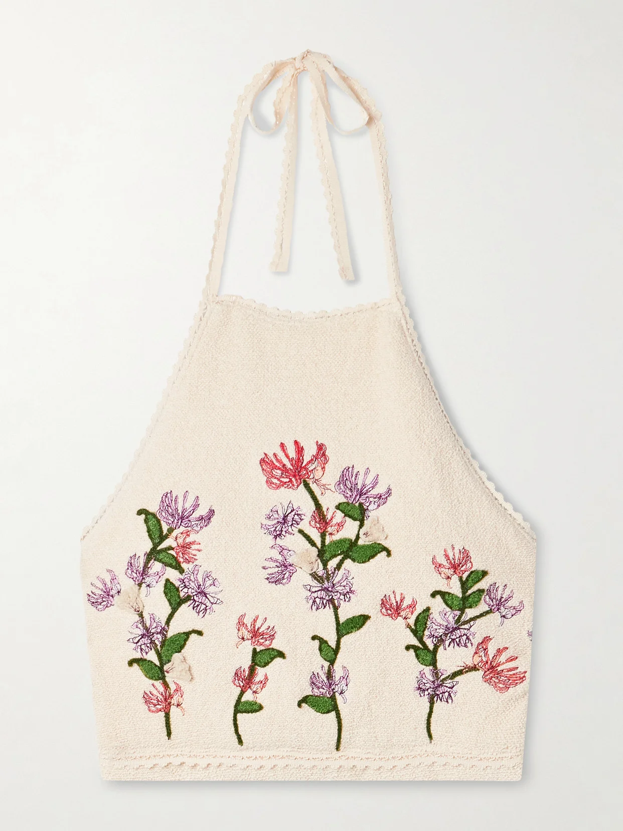 Carlota Honeysuckle Cropped Appliquéd Embroidered Cotton-blend Bouclé Halterneck Top - 1