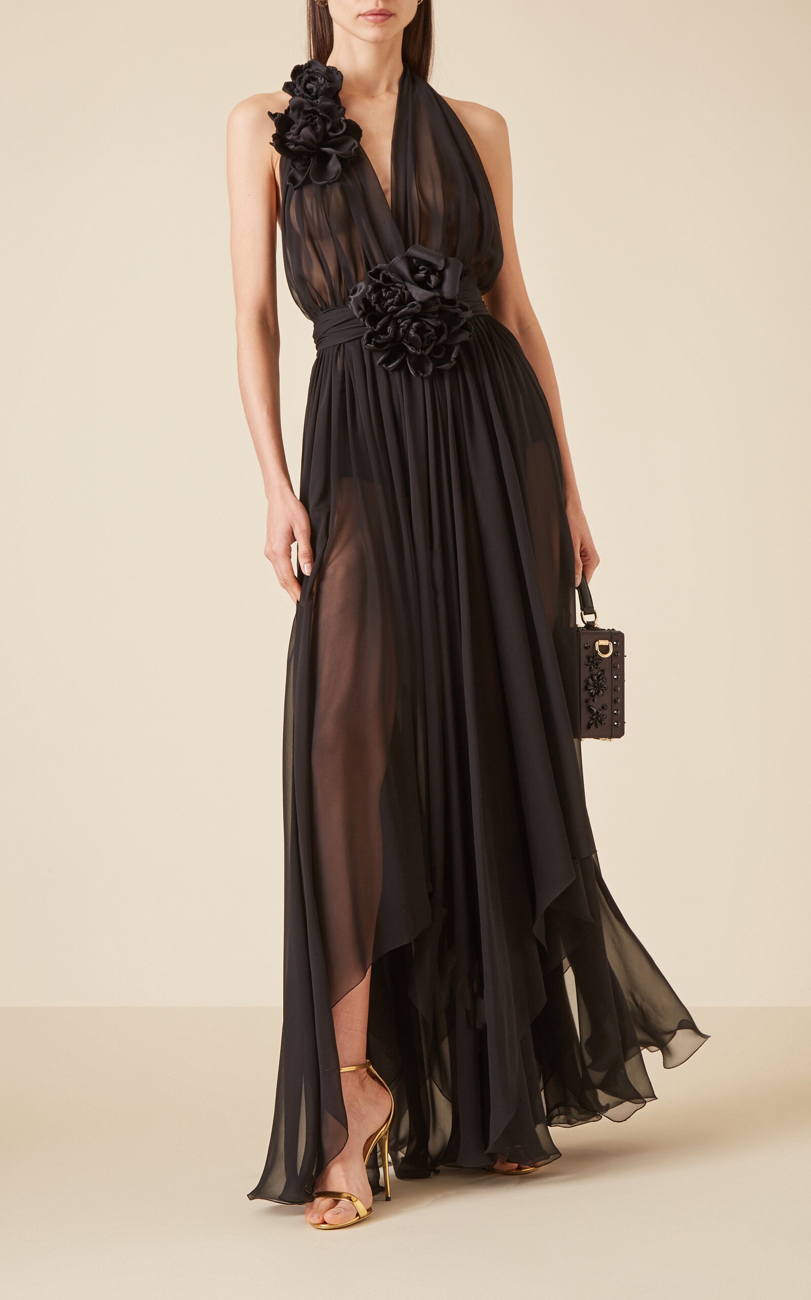 Floral-Appliquéd Silk-Chiffon Gown black - 3