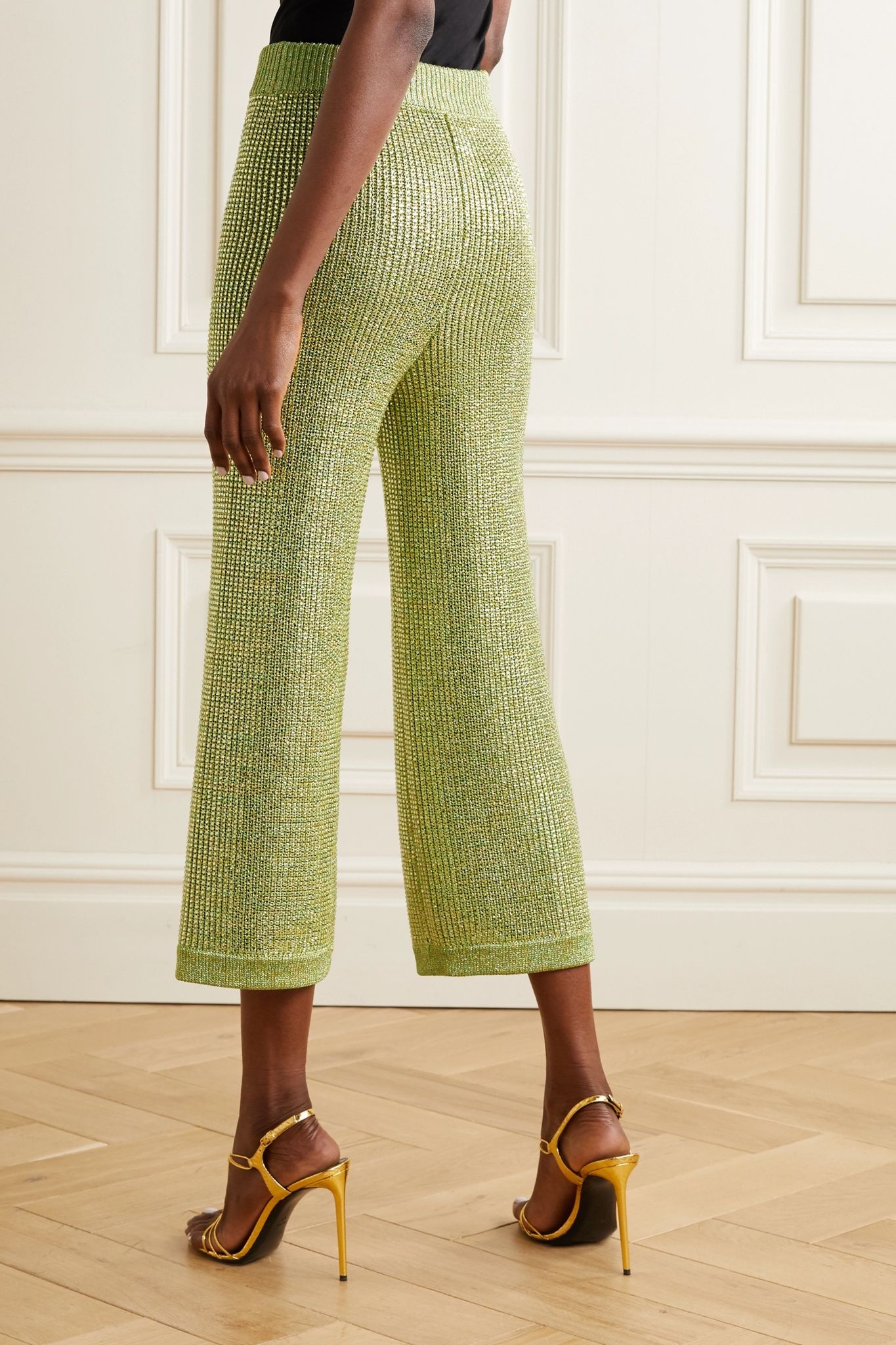 Cropped crystal-embellished metallic knitted wide-leg pants - 4