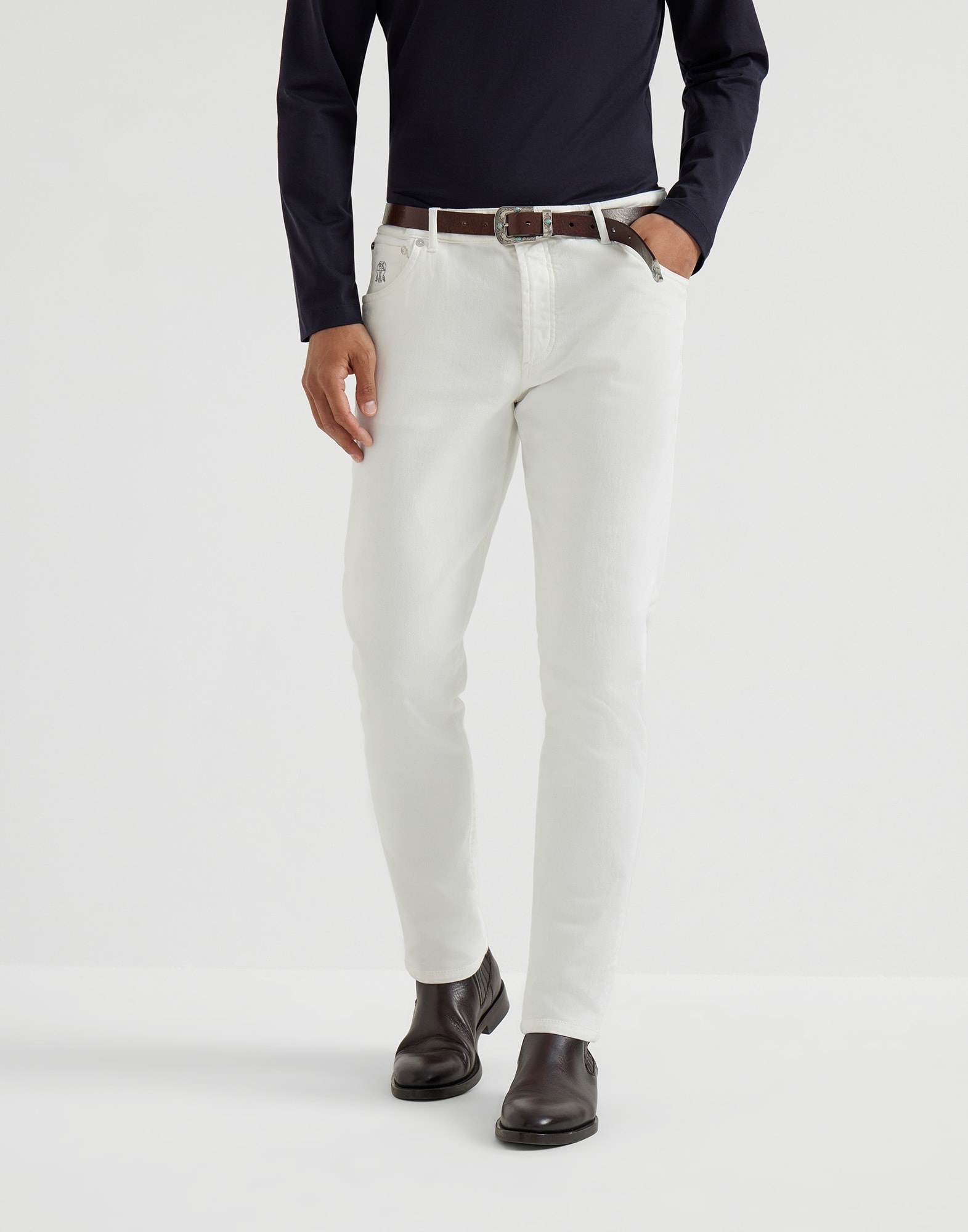 Garment-dyed slim fit trousers in comfort cotton lightweight denim - 1