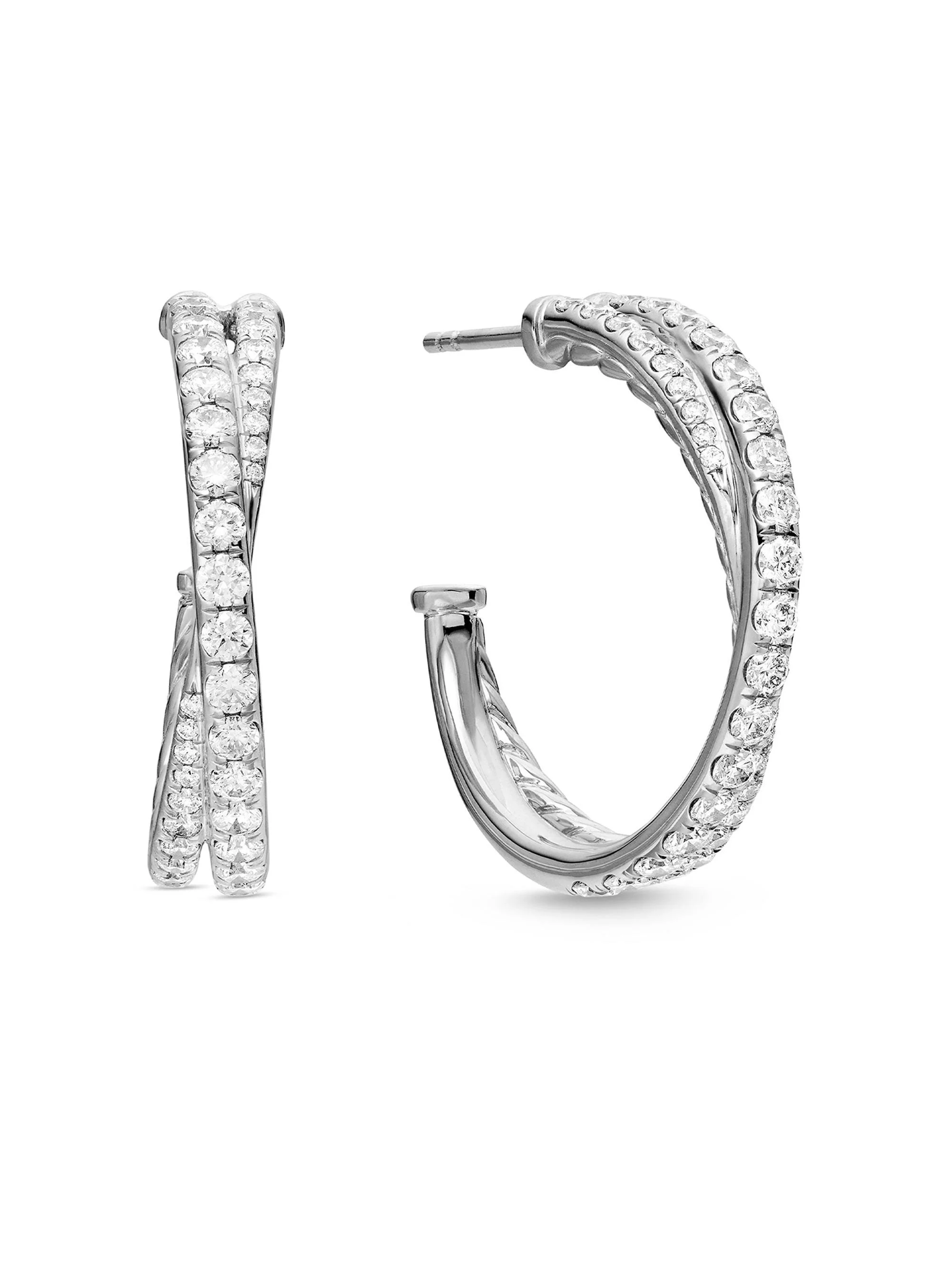 Women's Pavé Crossover Hoop Earrings in 18K Gold with Diamonds, 24mm - White Gold - 1