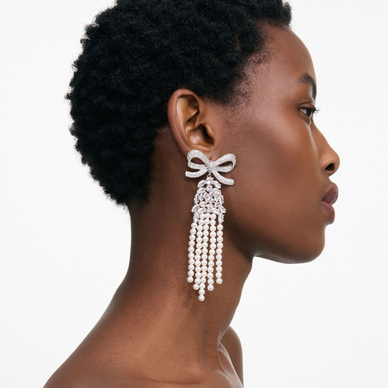 Crystal Bow Pearl Droplet Earrings 4