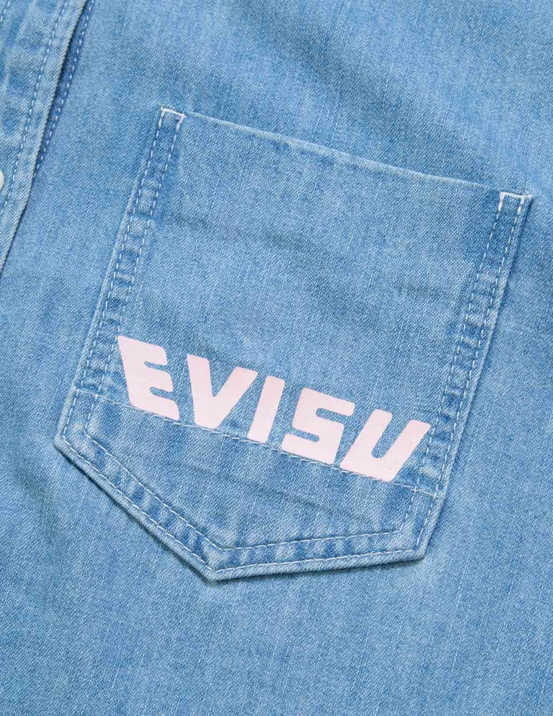 FORTUNE CAT WITH DARUMA PRINT DENIM SHIRT 8