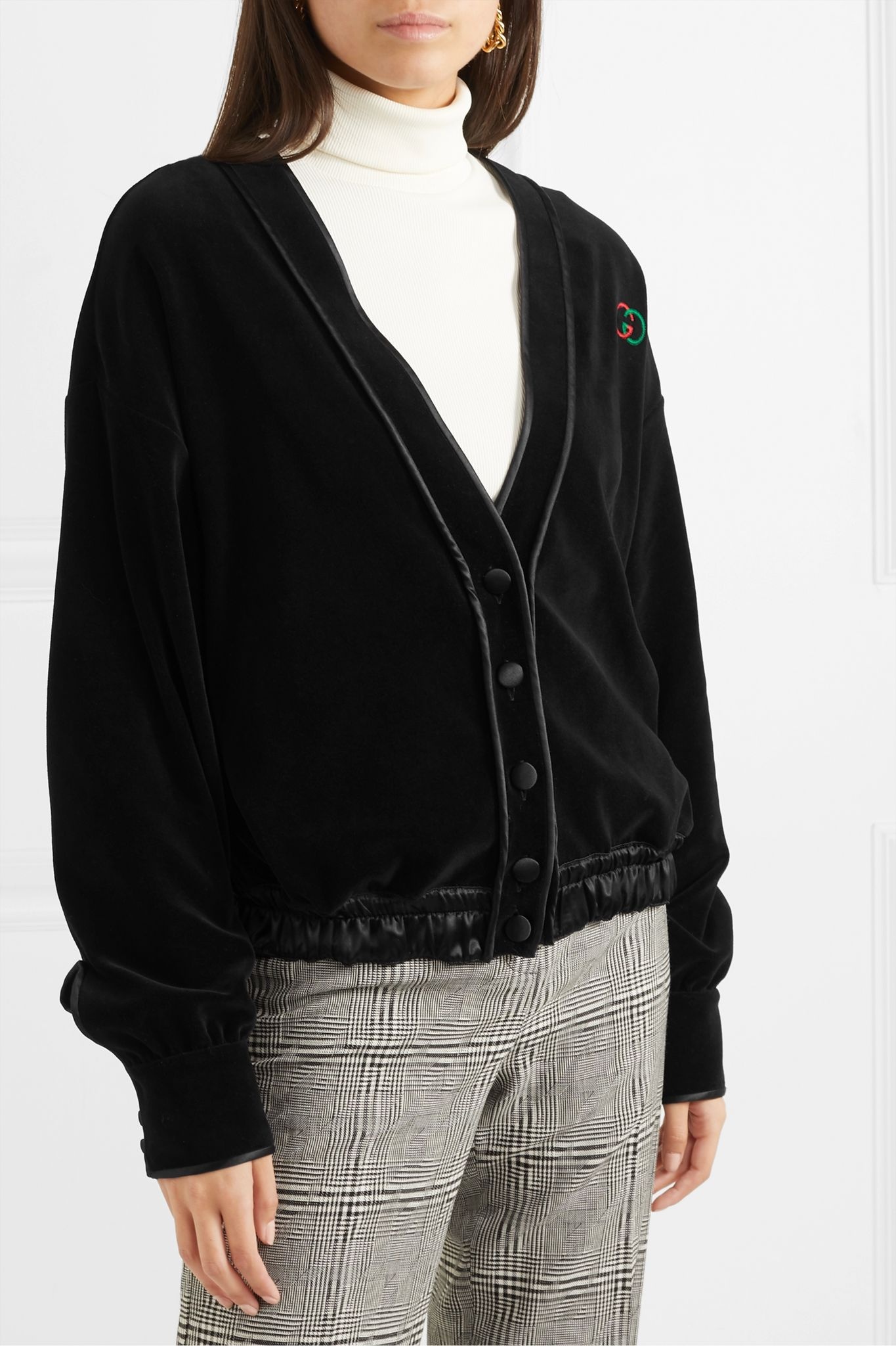 Satin-trimmed embroidered cotton-blend velvet cardigan - 3