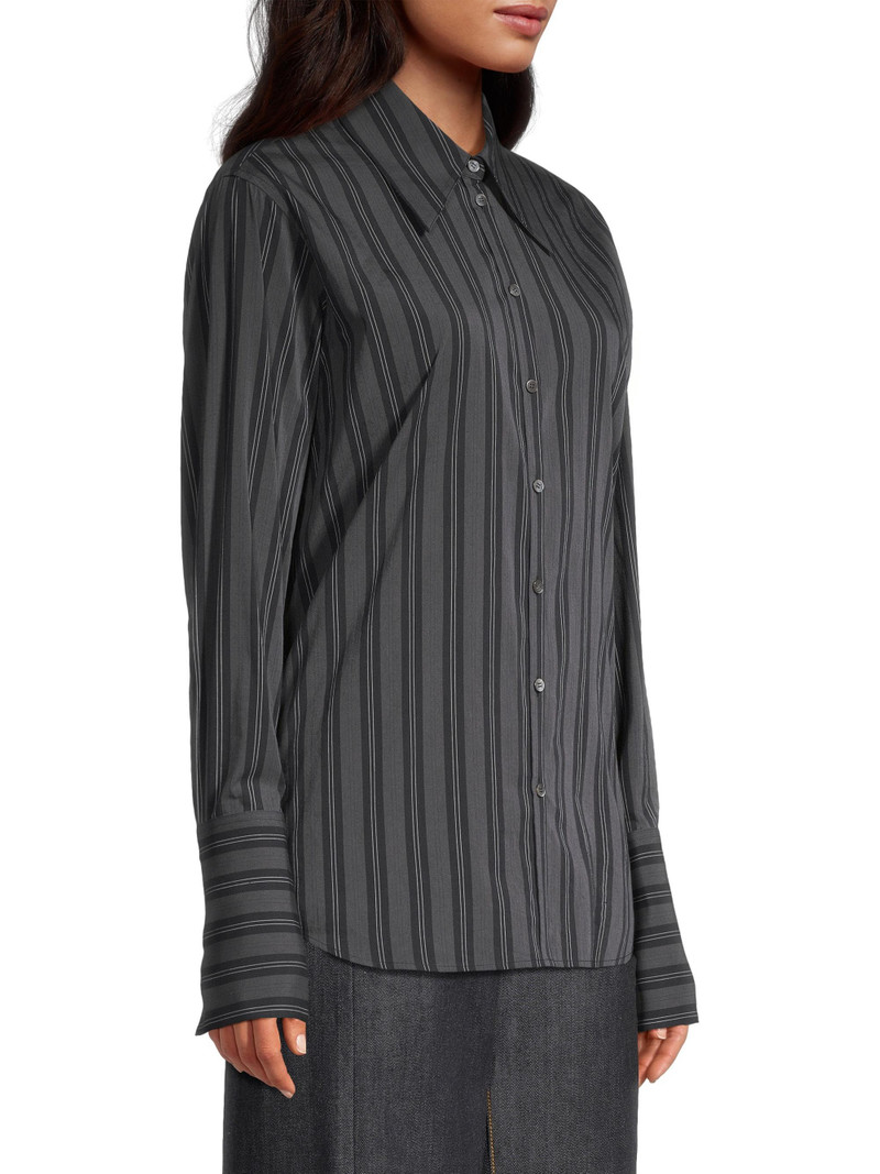 Women's Striped Long-Cuff Button-Up Shirt - Navy Blue 4