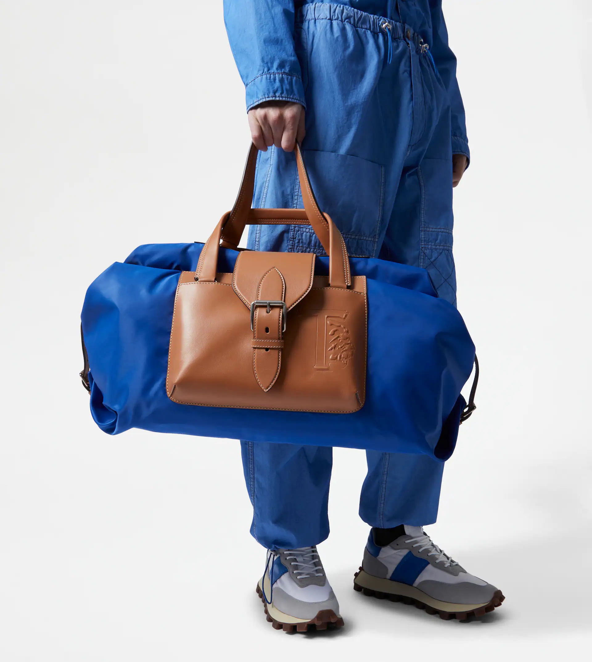 DUFFLE BAG IN FABRIC AND LEATHER MEDIUM - BLUE, BROWN 2