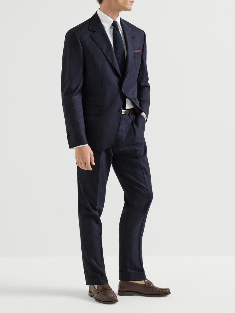 Men's Virgin Wool Chalk Stripe Batavia Trousers with Pleats - Navy Blue 6