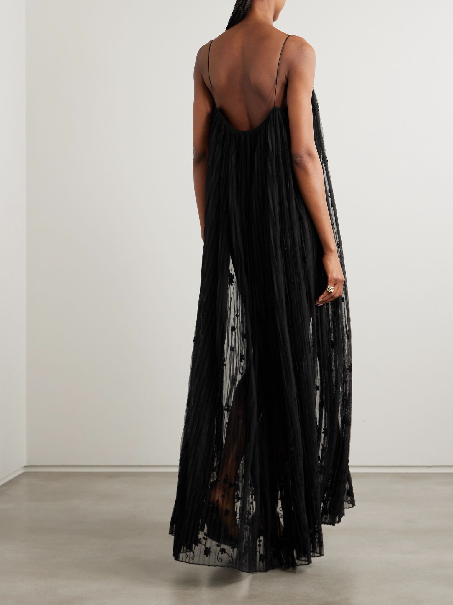 Embroidered recycled plissé-tulle maxi dress Black - 3