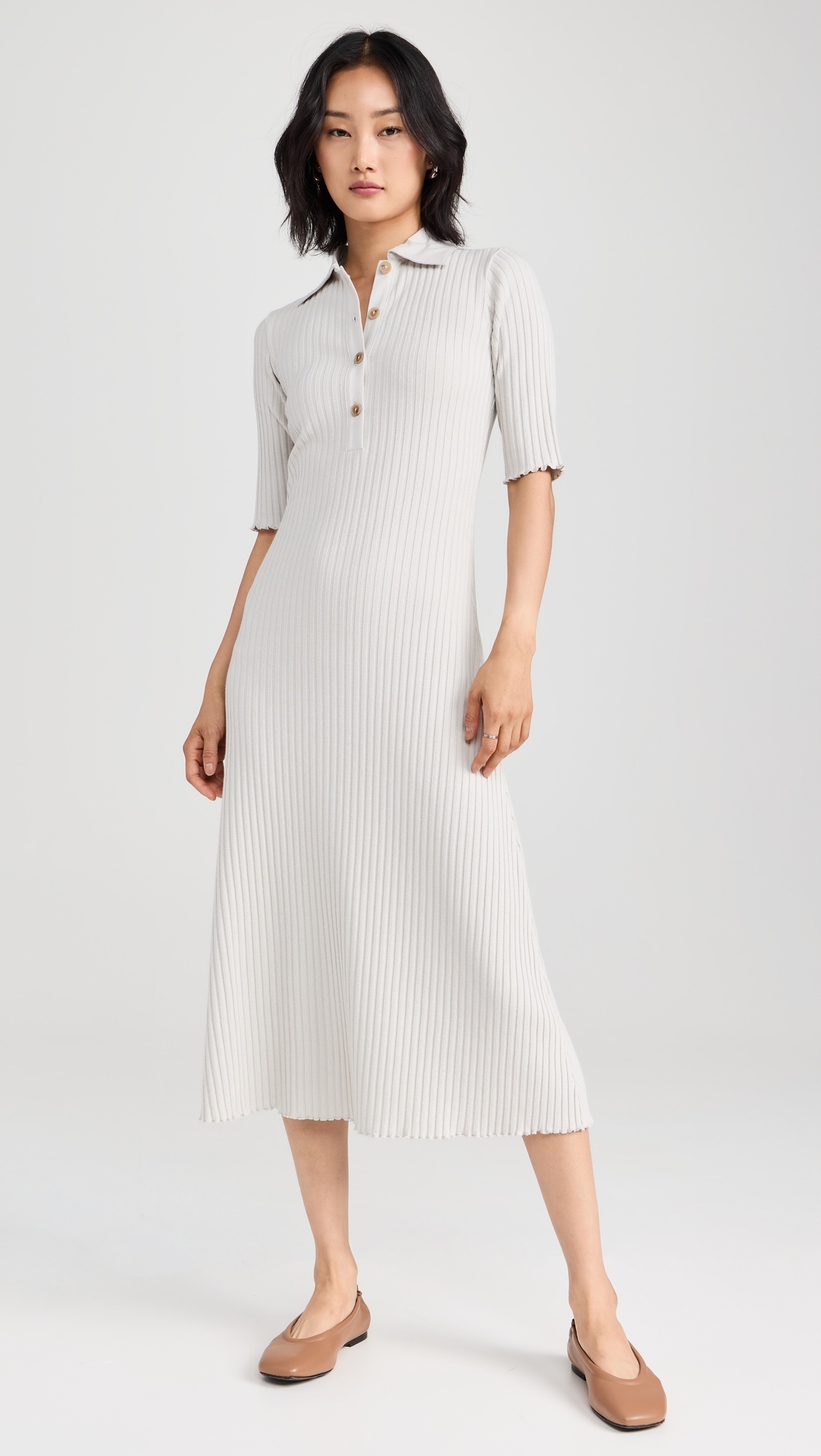 Rib Elbow Sleeve Polo Midi Dress - 4