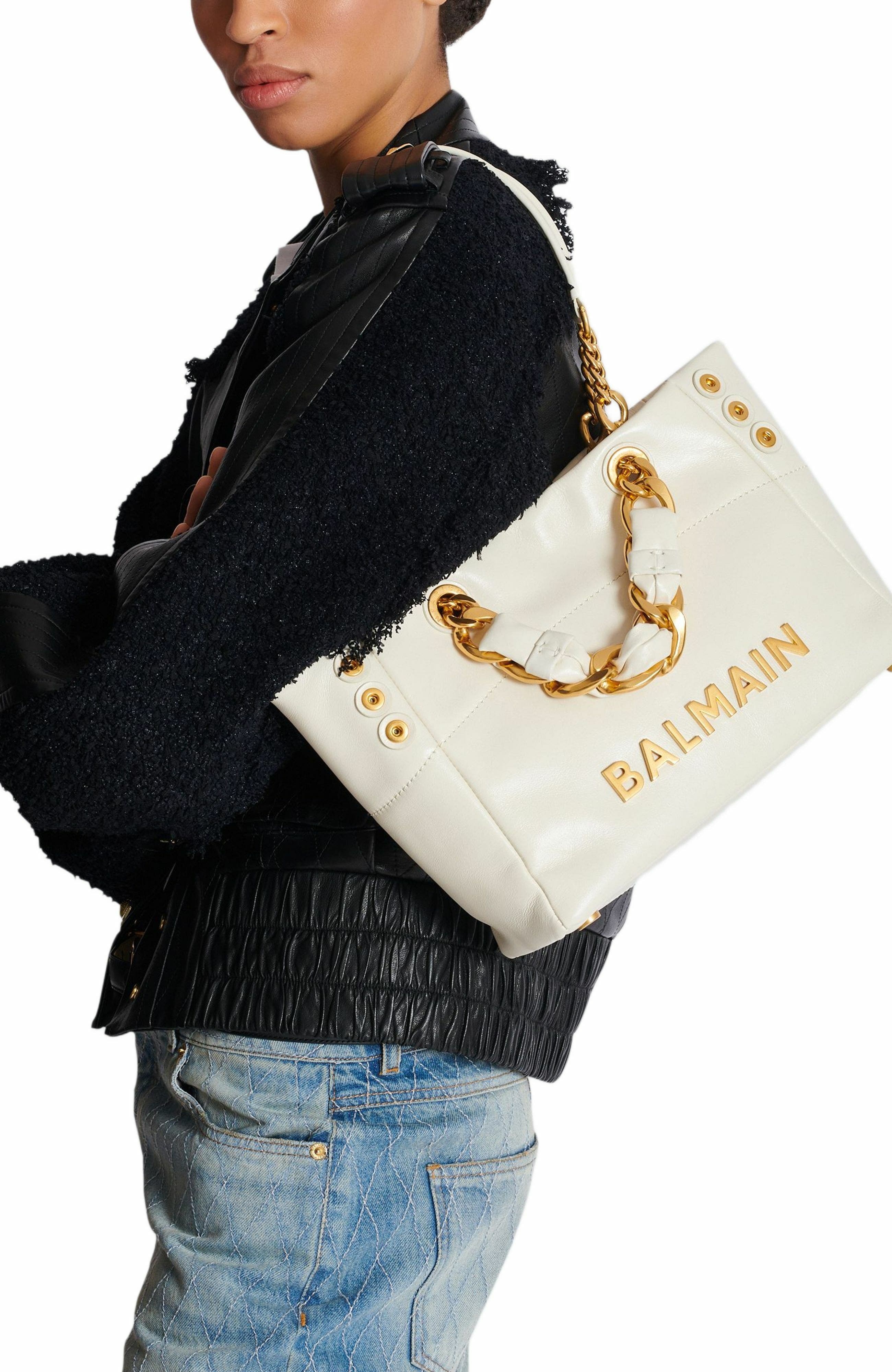 Balmain 1945 Soft Small crinkled leather tote bag in White at Nordstrom - 8