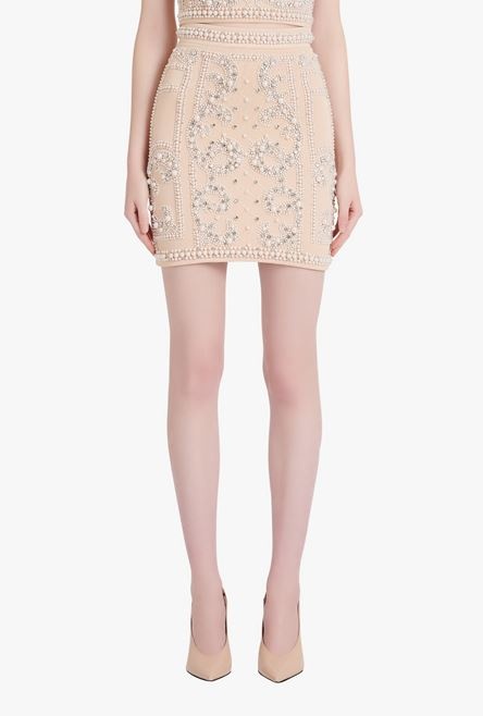 Short embroidered light nude high-waisted skirt - 5