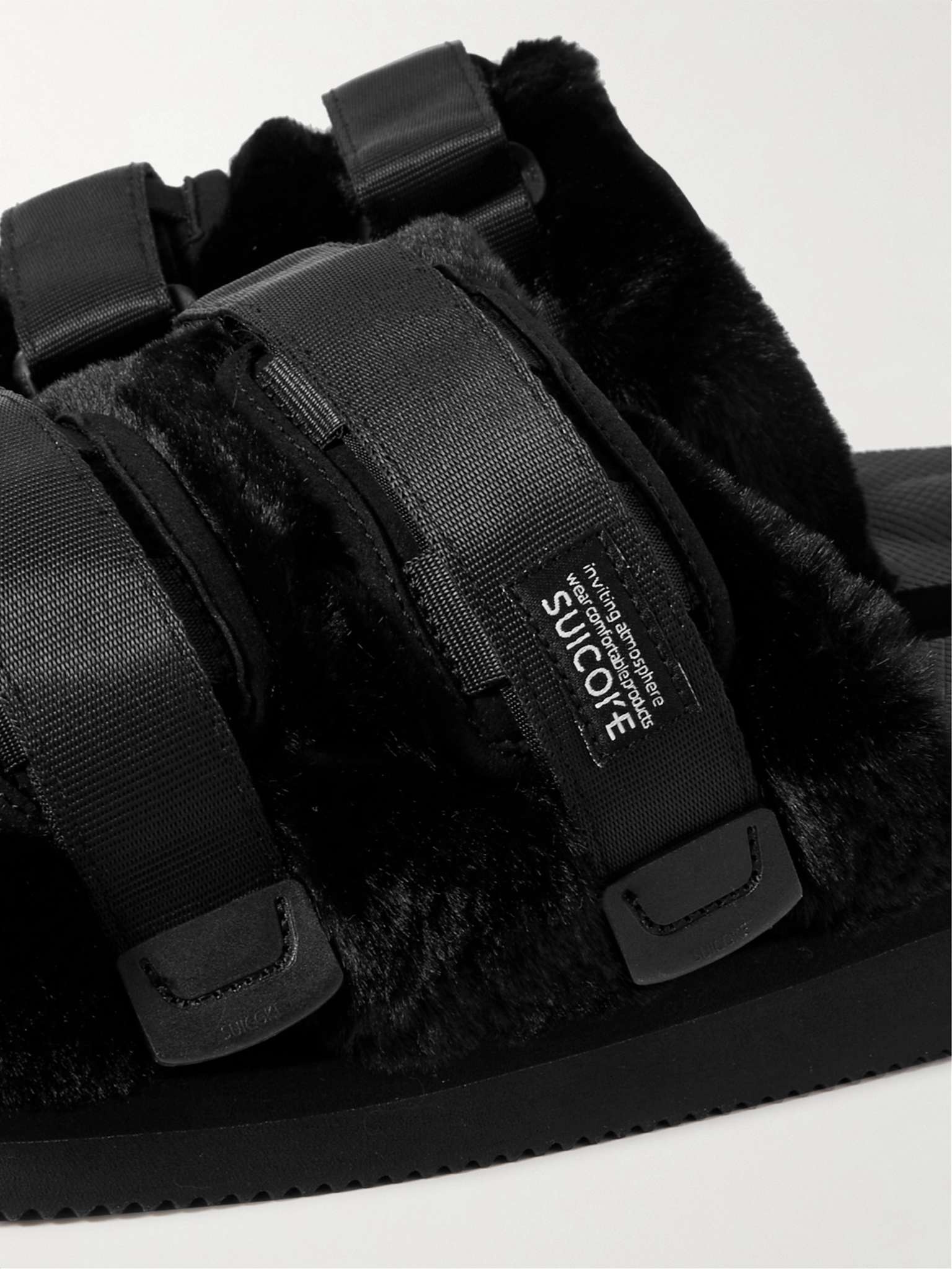 Moto Webbing and Shell-Trimmed Faux Fur Slides - 6