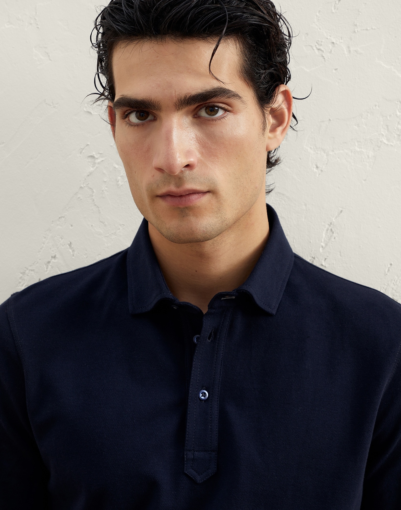 Cotton piqué slim fit polo with shirt-style collar - 3