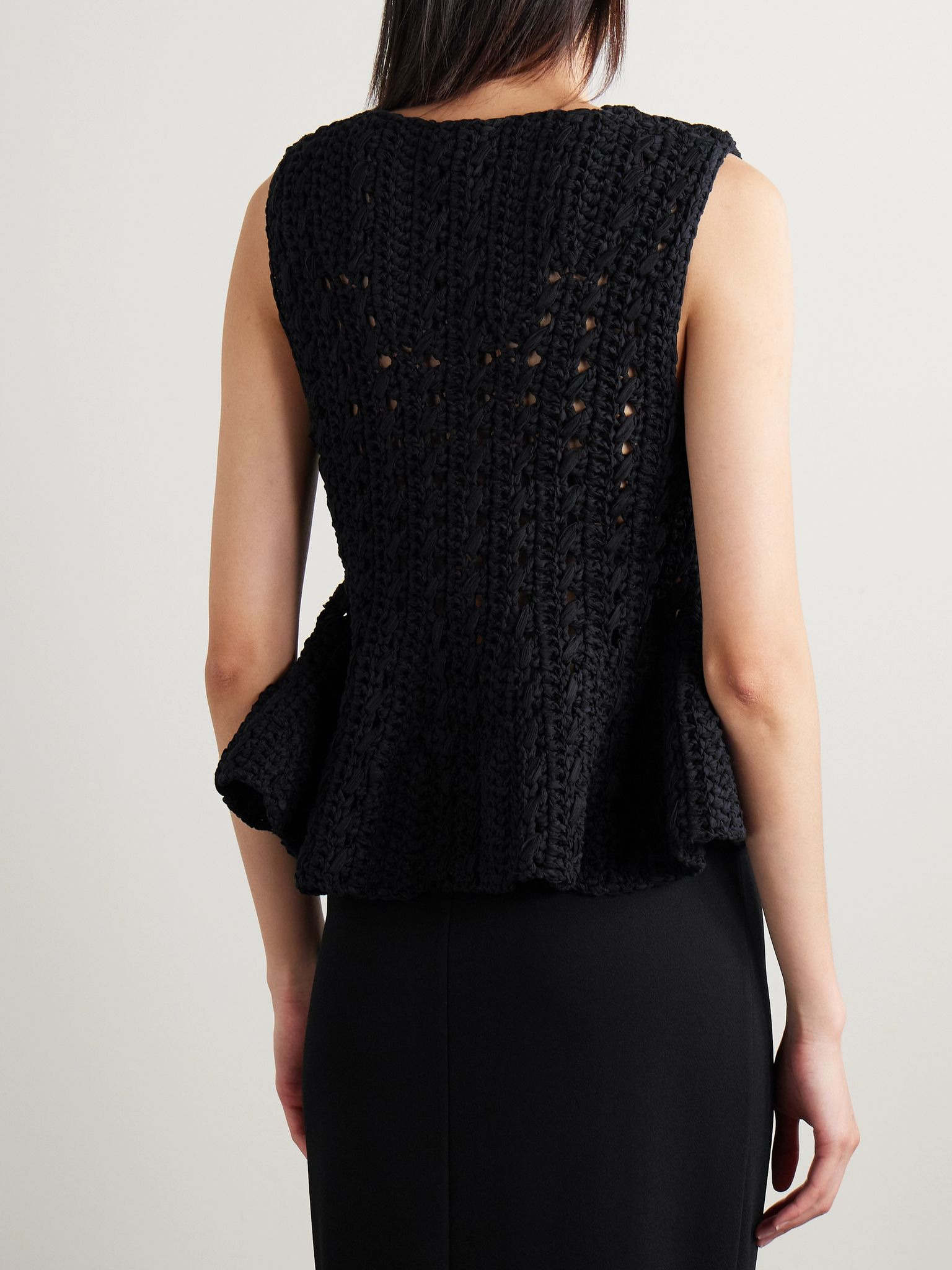 Yuka open-knit cotton-blend peplum tank Black - 4