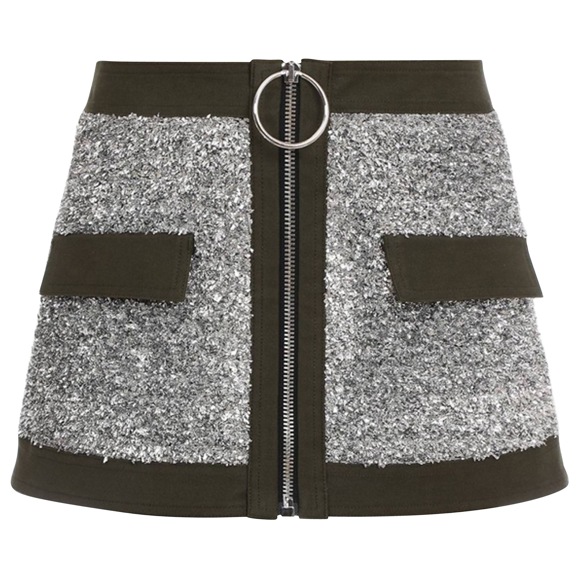 Balmain Short Low-Rise Tweed And Canvas Skirt 'Silver/Military Green' - 1