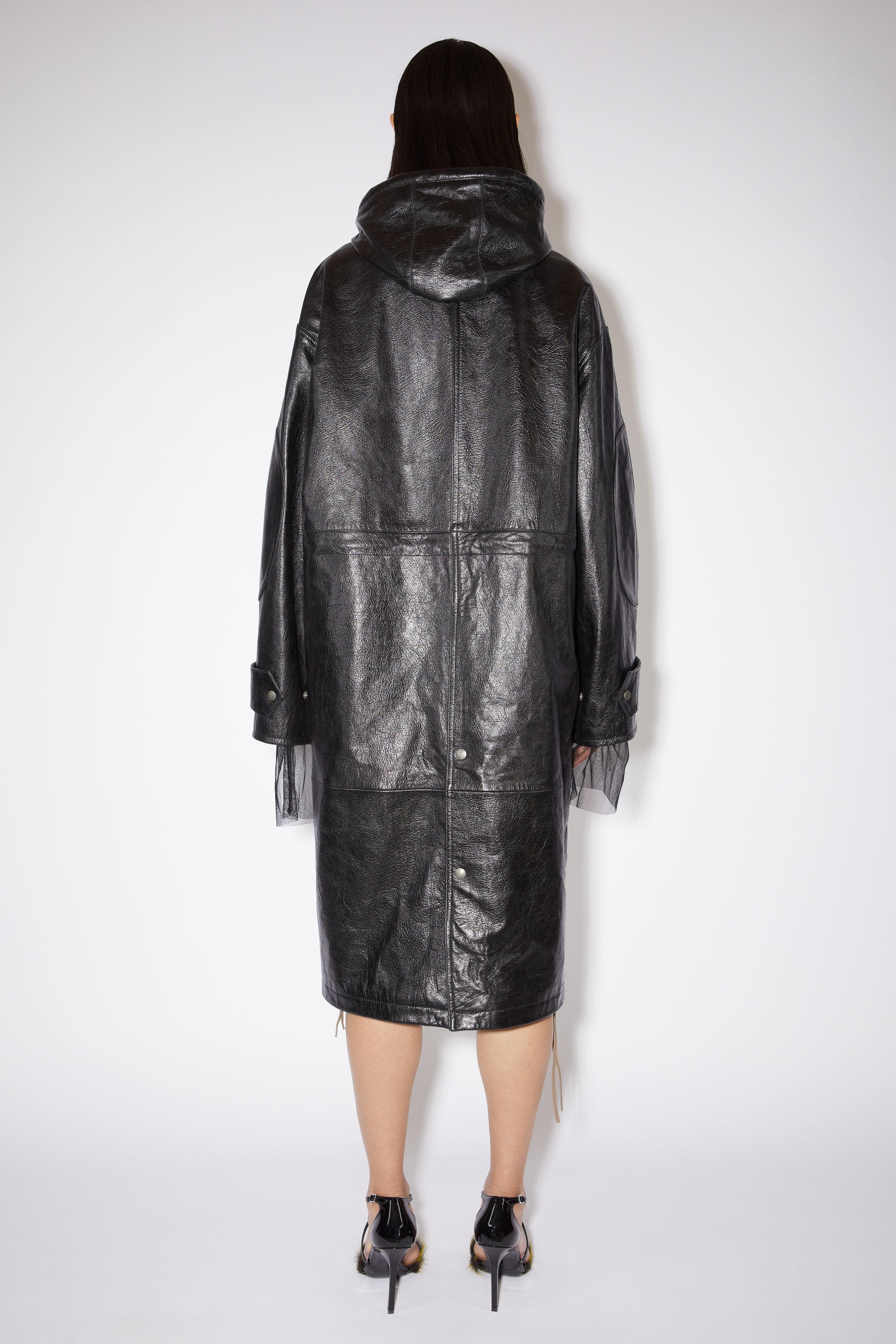 Leather hooded coat - Black - 3