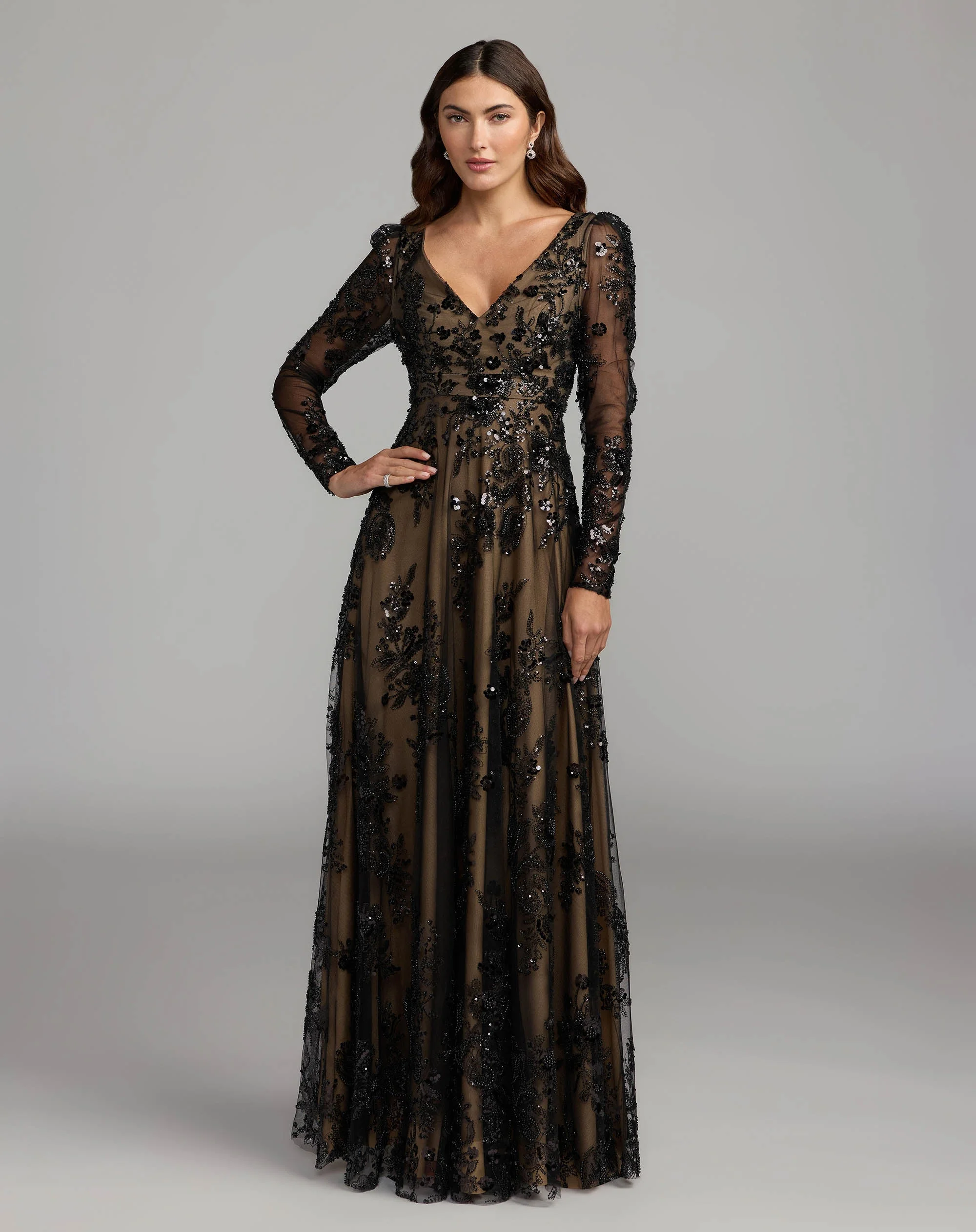 Black Nude Embroidered Long Sleeve V-Neck Gown - 1