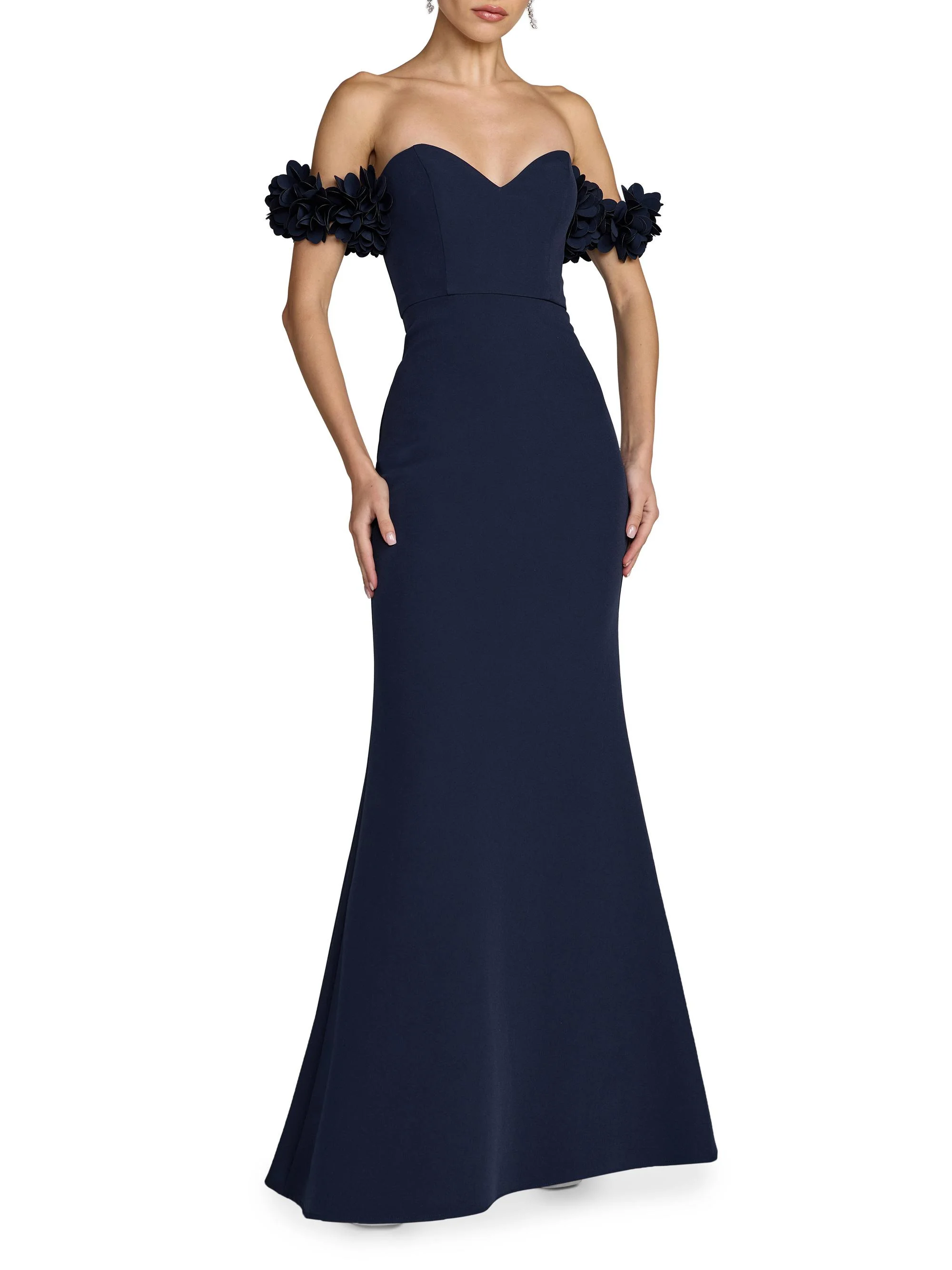 Women's Petite 3D Floral Crepe Off-the-Shoulder Mermaid Gown - Midnight - 1