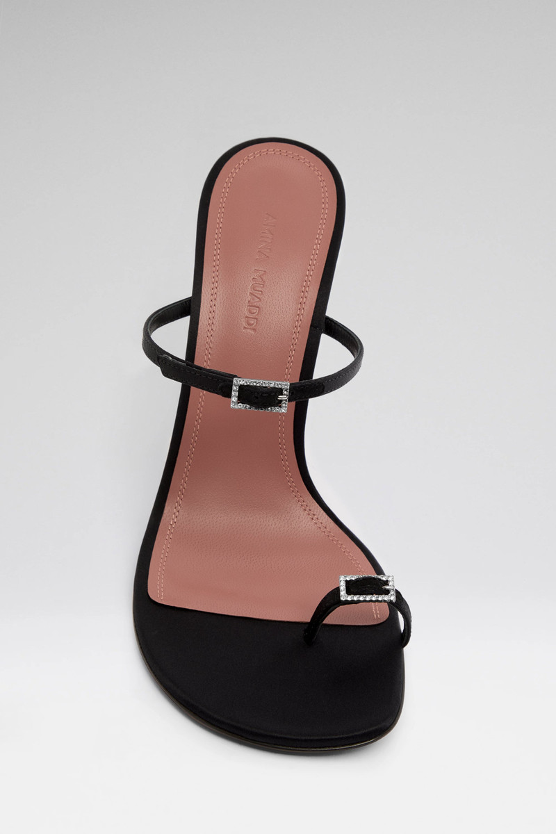 Amina Muaddi ADUT THONG SLIPPER 105 BLACK SATIN AND WHITE CRYSTAL BUCKLE outlook