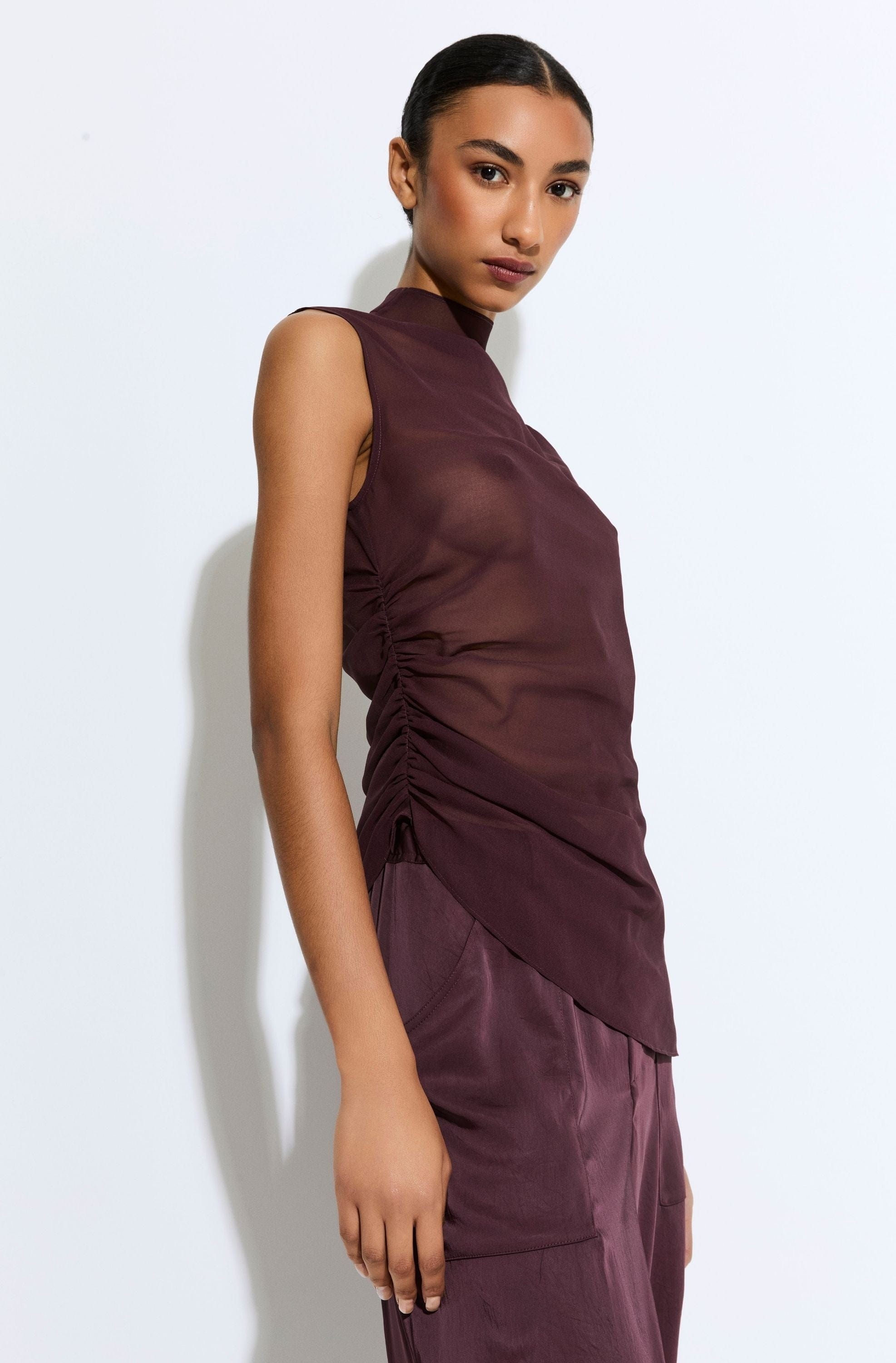 Lightweight Georgette Mock Neck Ruched Top - 4