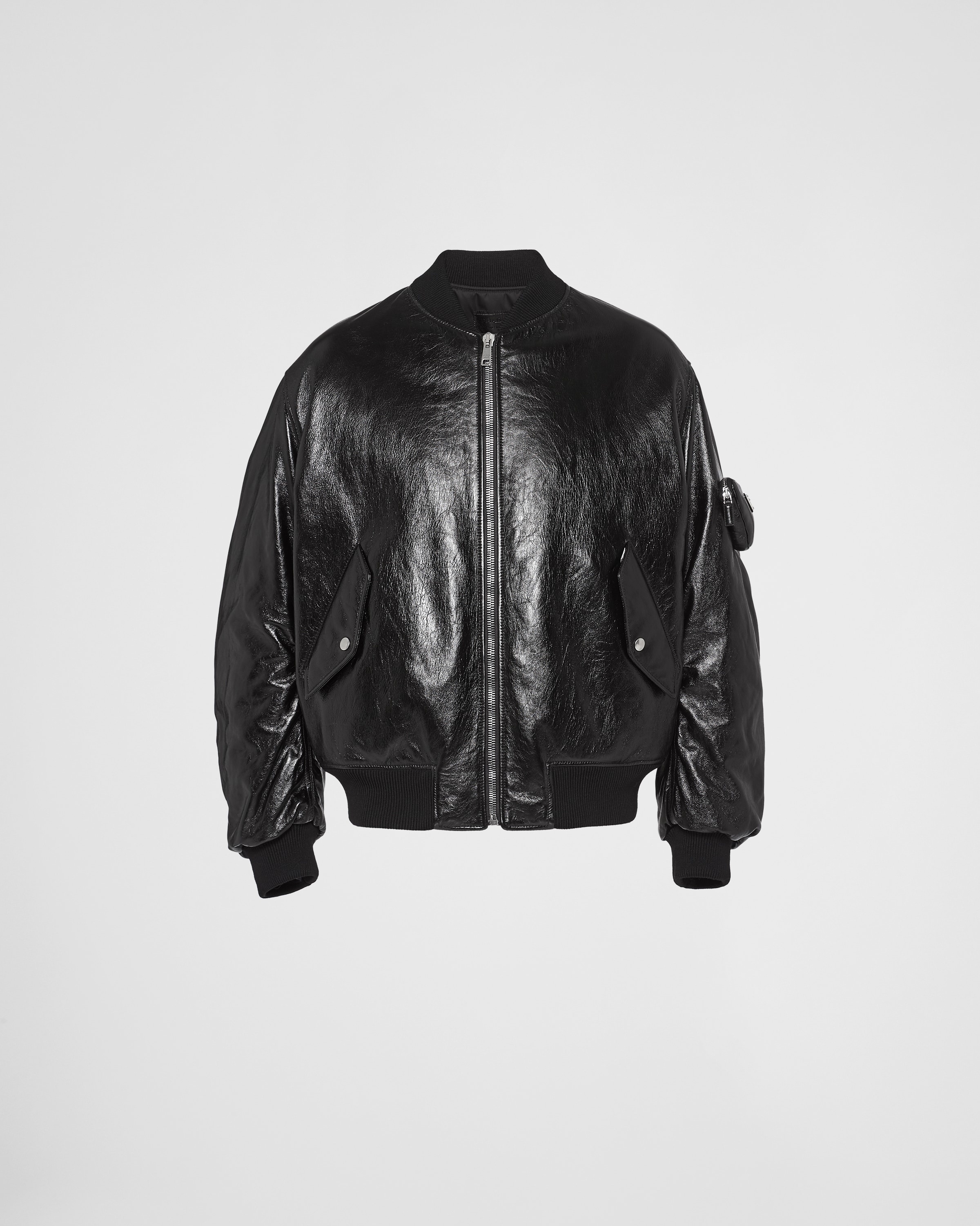 Black Reversible Nappa Leather And Re-nylon Bomber Jacket