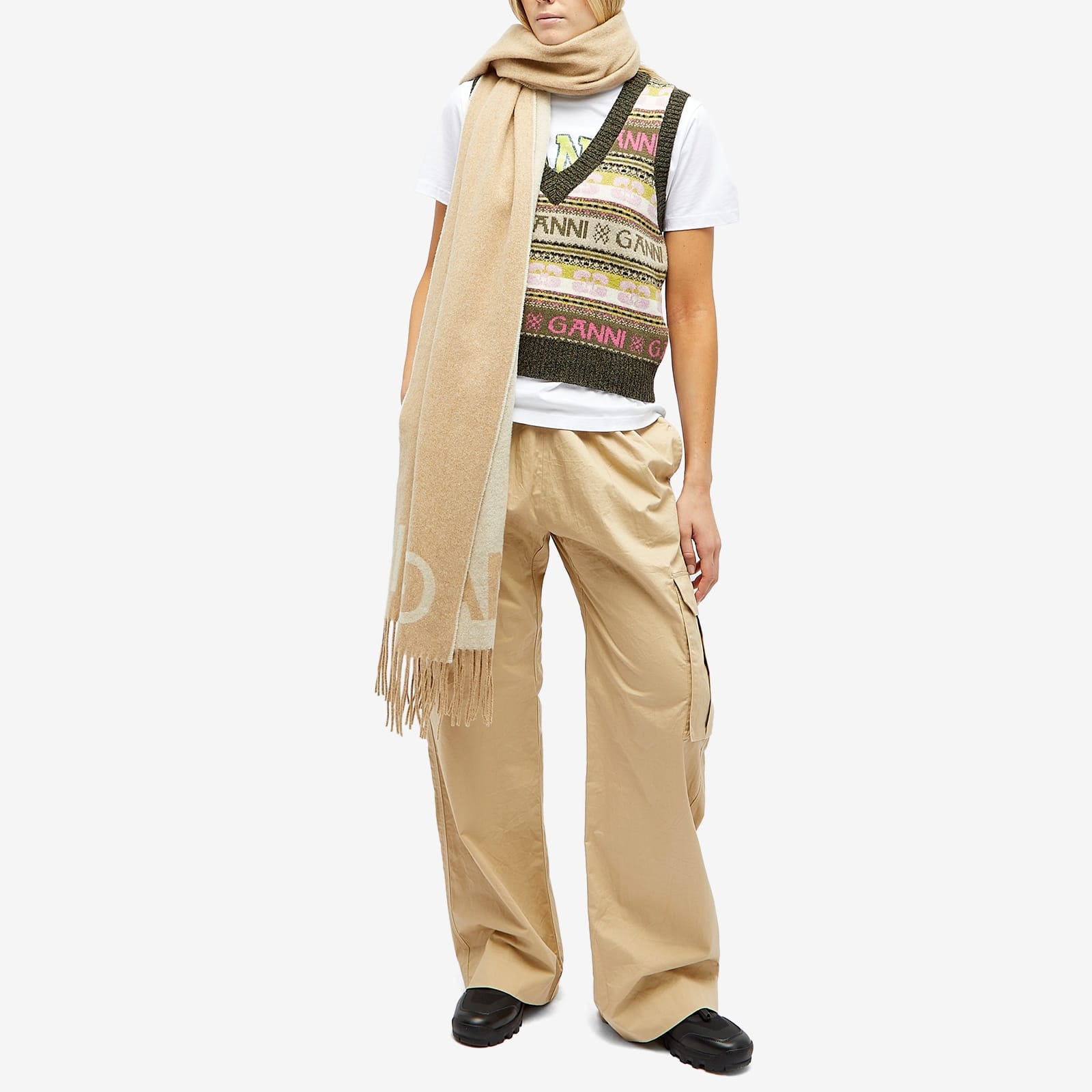 Fringed Wool Scarf in Beige - Ganni