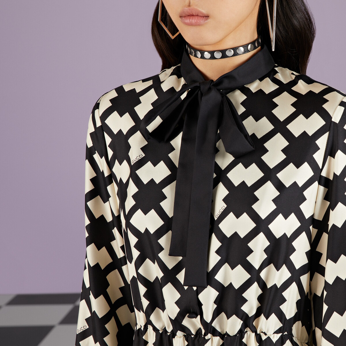 Rhombus tile print silk dress - 3