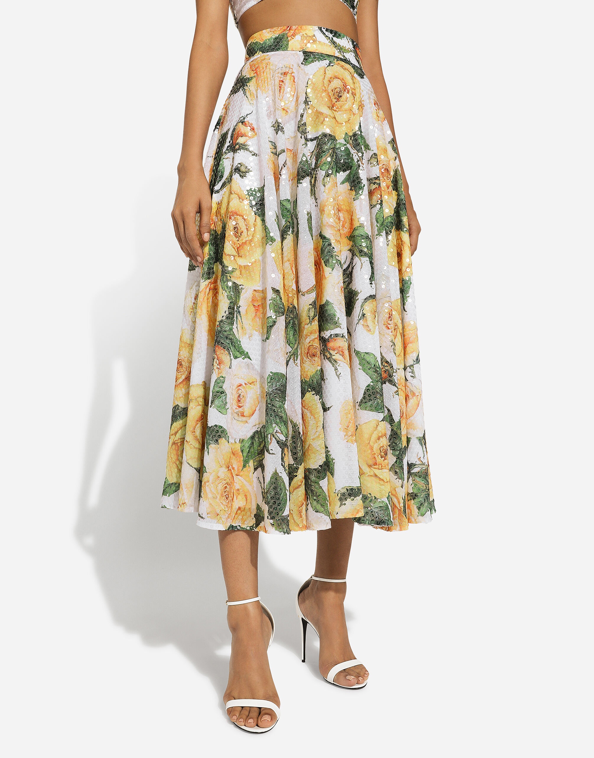 Sequined midi circle skirt with yellow rose print - 4