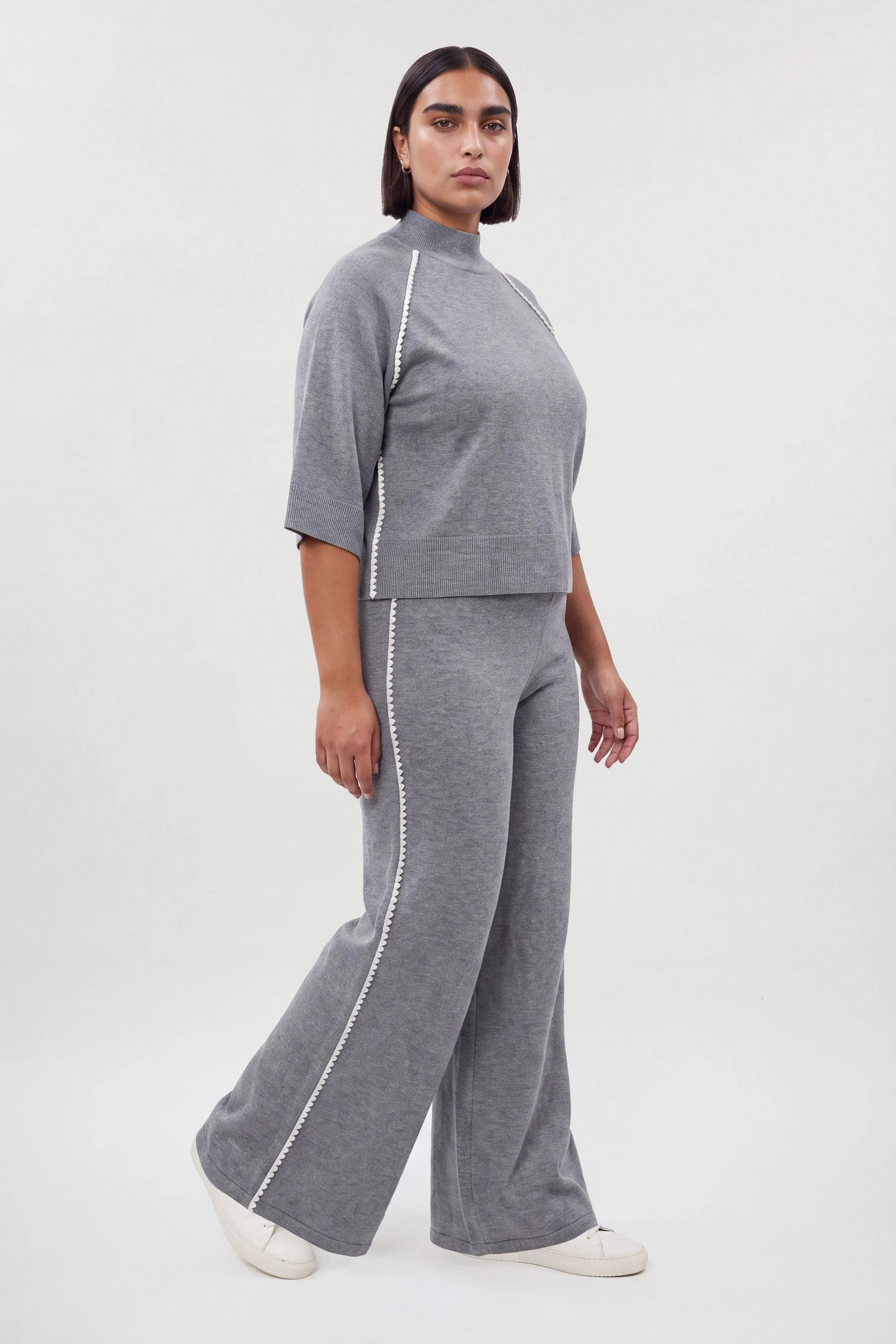 Plus Size Blanket Stitch Detail Knitted Wide Leg Trouser - 1