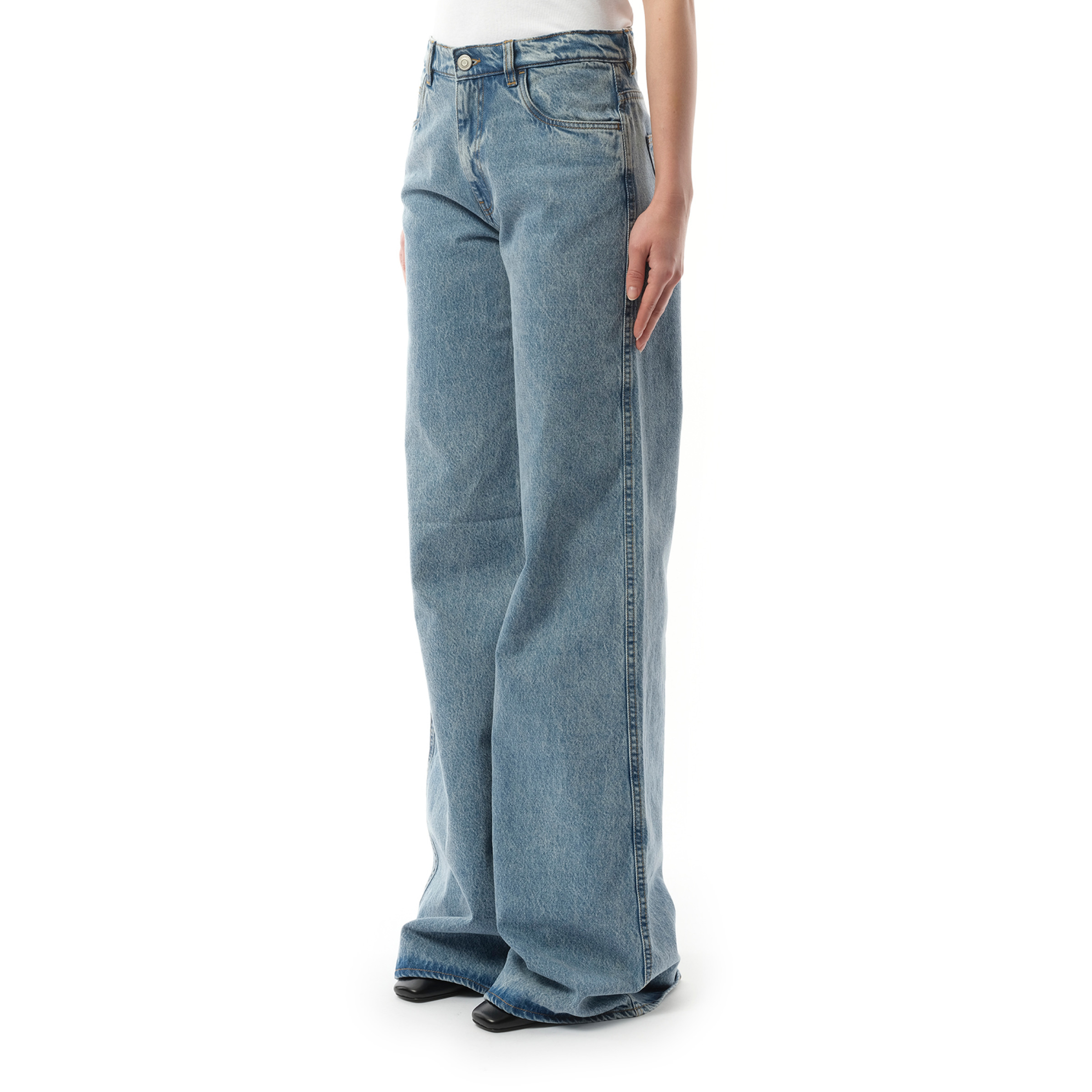 Wide Leg Denim Pants in Blue Washed - 5