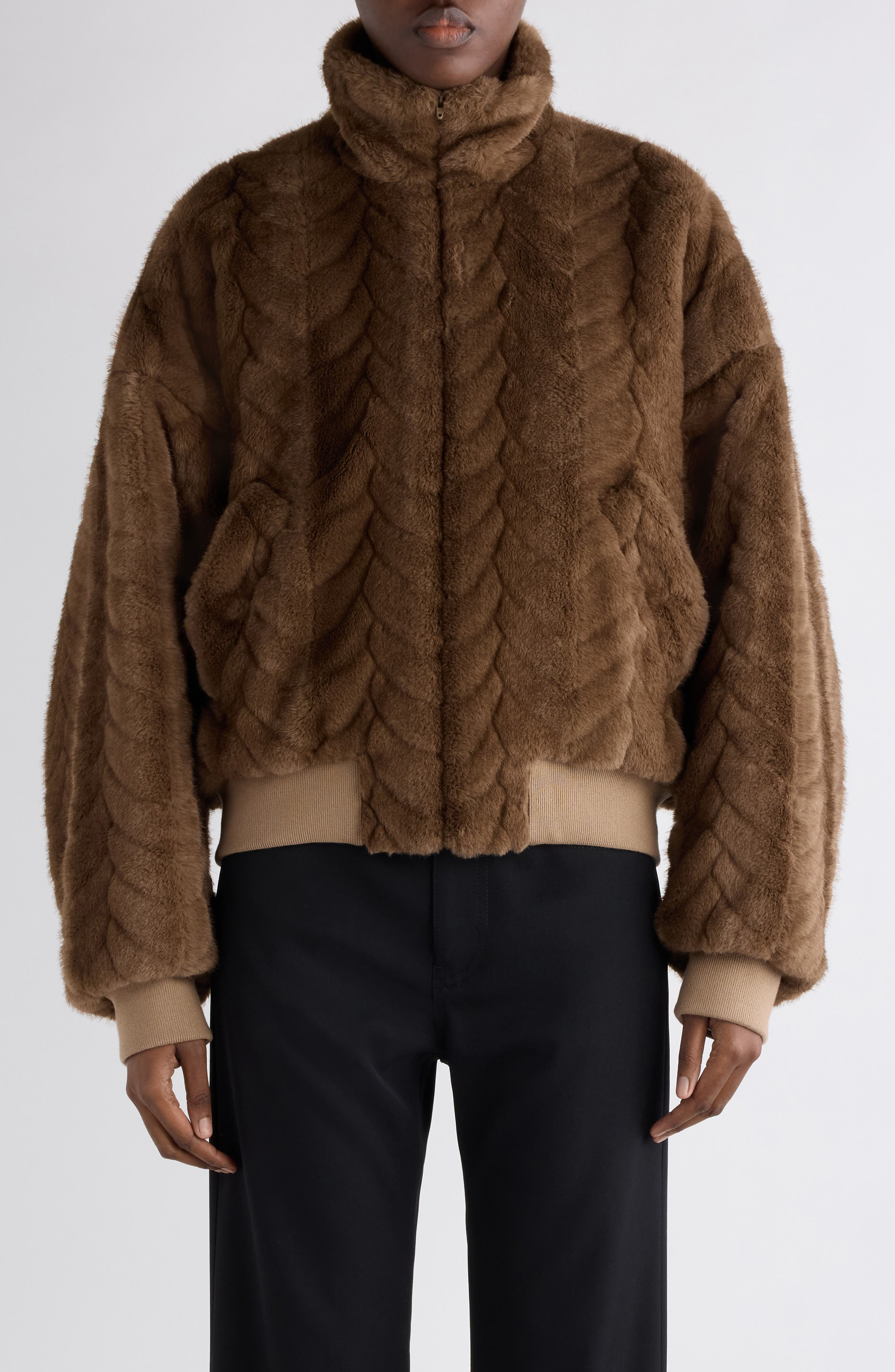 Balenciaga Faux Fur Crop Bomber Jacket in 2135 Brown at Nordstrom - 1