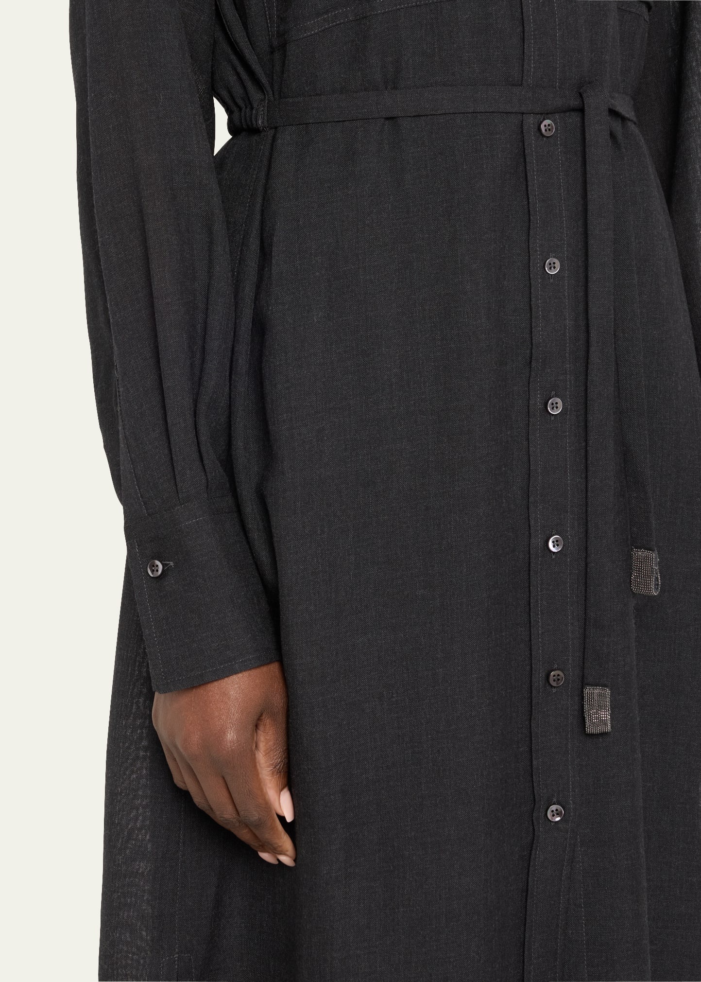 Long Wool Gauze Shirt Jacket Dress with Waist Tie - 5