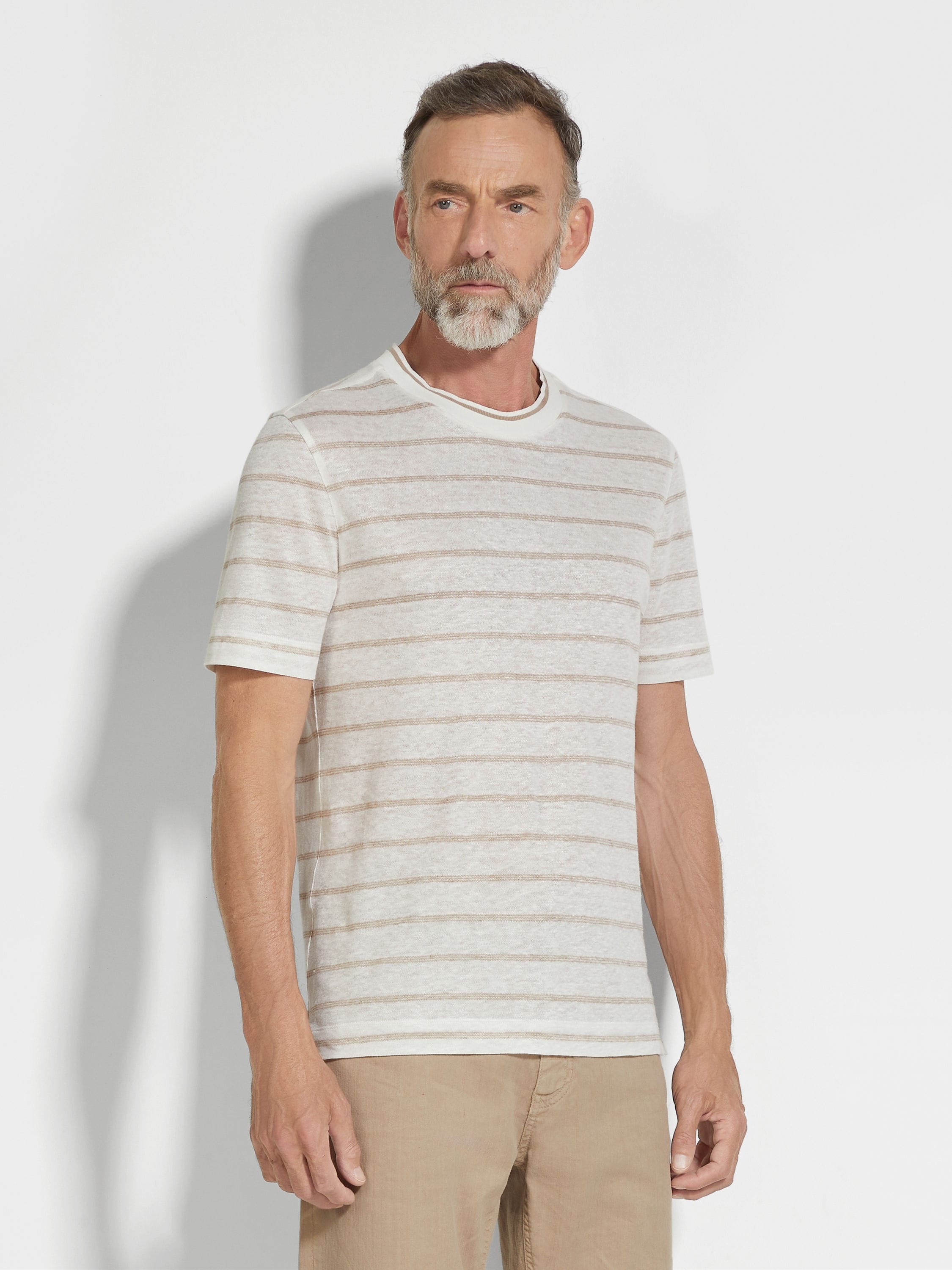 WHITE AND LIGHT TAUPE LINEN T-SHIRT - 4