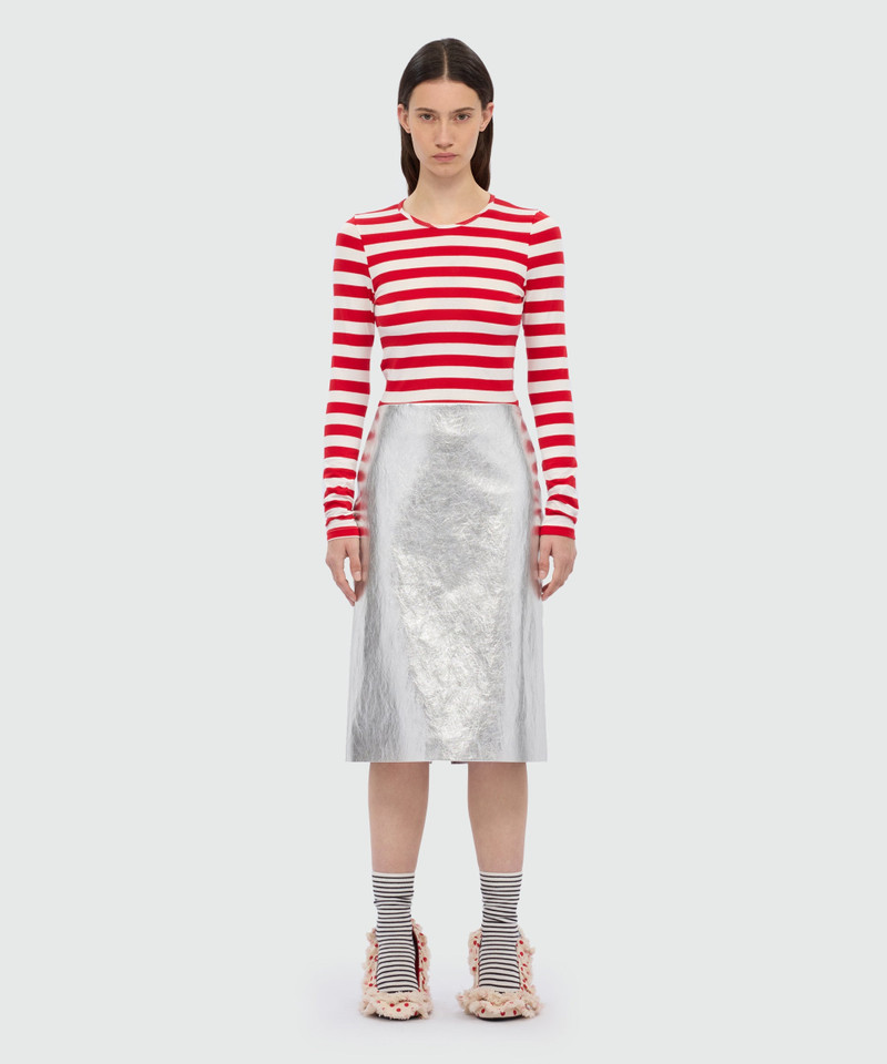 MSGM Metallic silver faux leather midi skirt. outlook