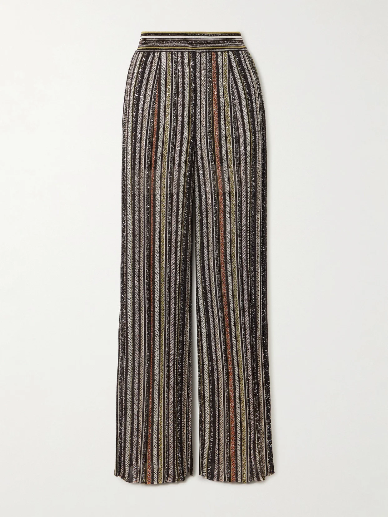 Sequin-embellished Striped Metallic Crochet-knit Wide-leg Pants - 1