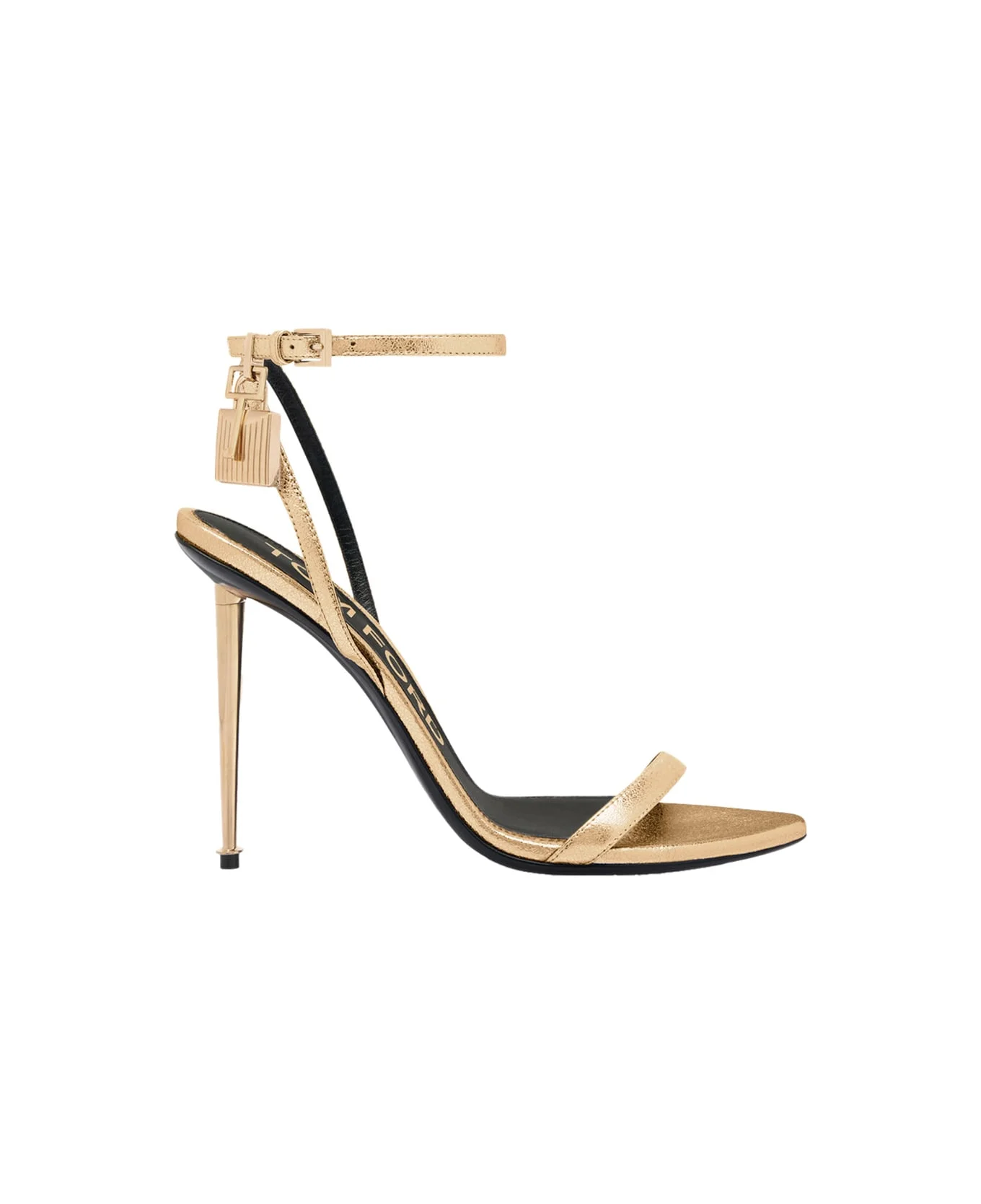Gold Colored Pumps With High Stiletto Heel And Pendant Detail On The Ankle In Patent Leather Woman - 1