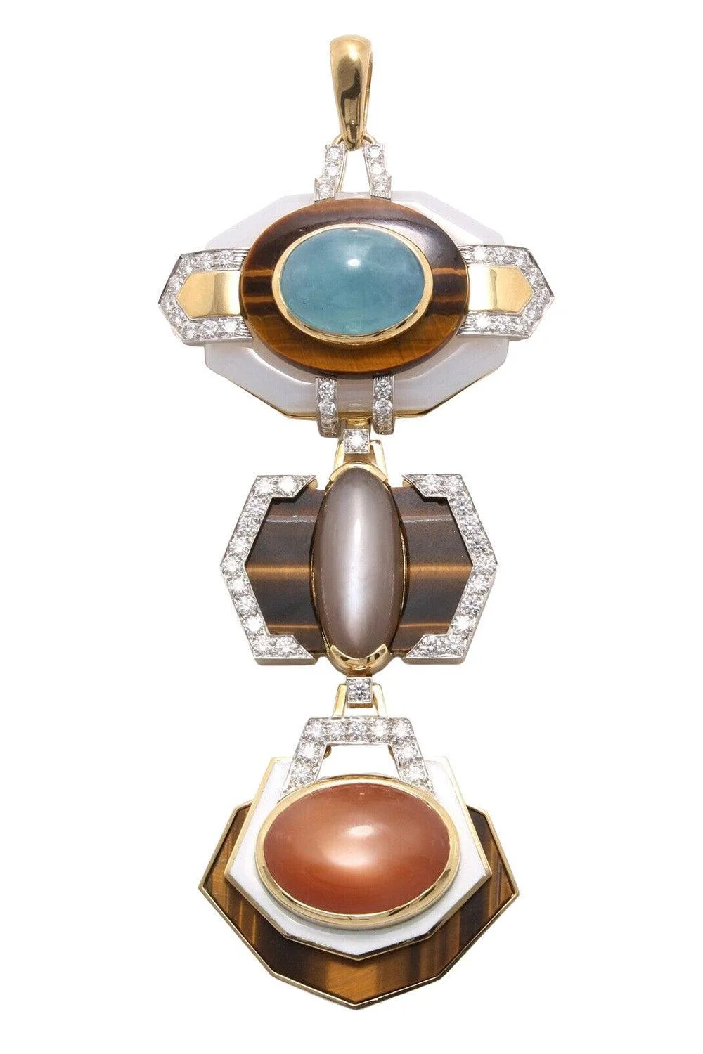 Aquamarine Diamond Tiger Eye Agate Pendant - 1