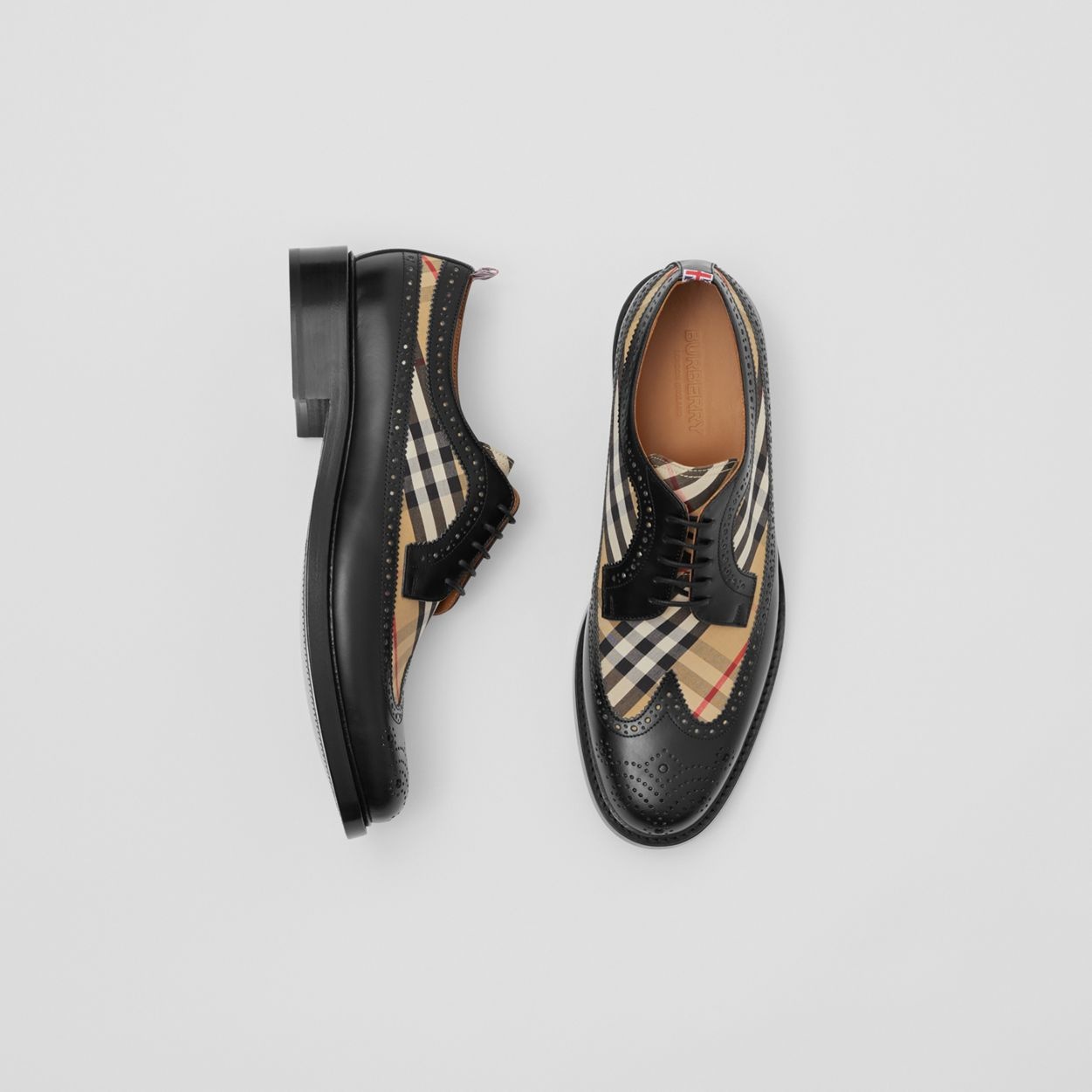 Brogue Detail Leather and Vintage Check Derby Shoes - 2