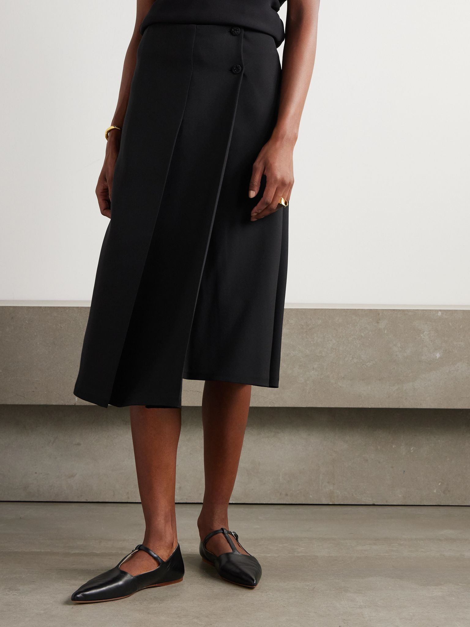 Alida bead-embellished pleated silk crepe de chine midi wrap skirt Black - 3