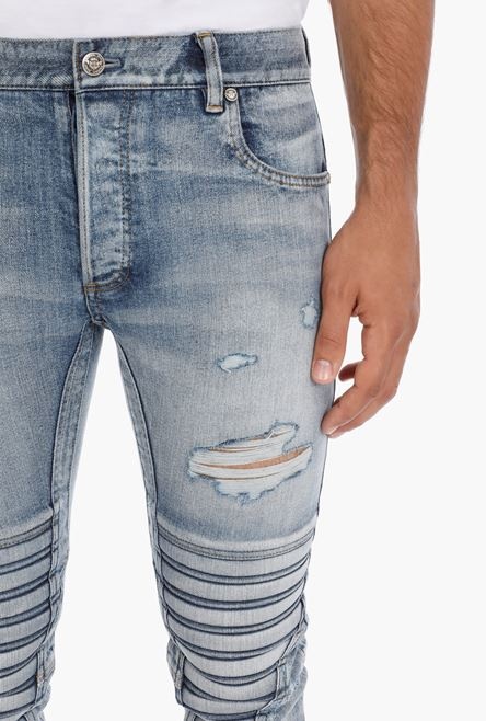 Slim-cut ripped blue cotton jeans - 8