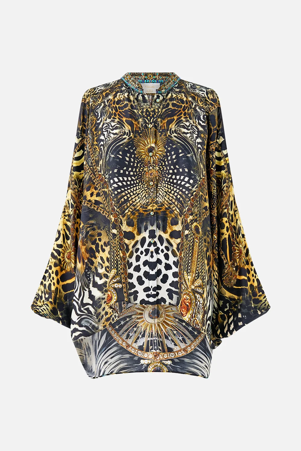 MANDARIN COLLAR COLD SHOULDER BLOUSE - 1